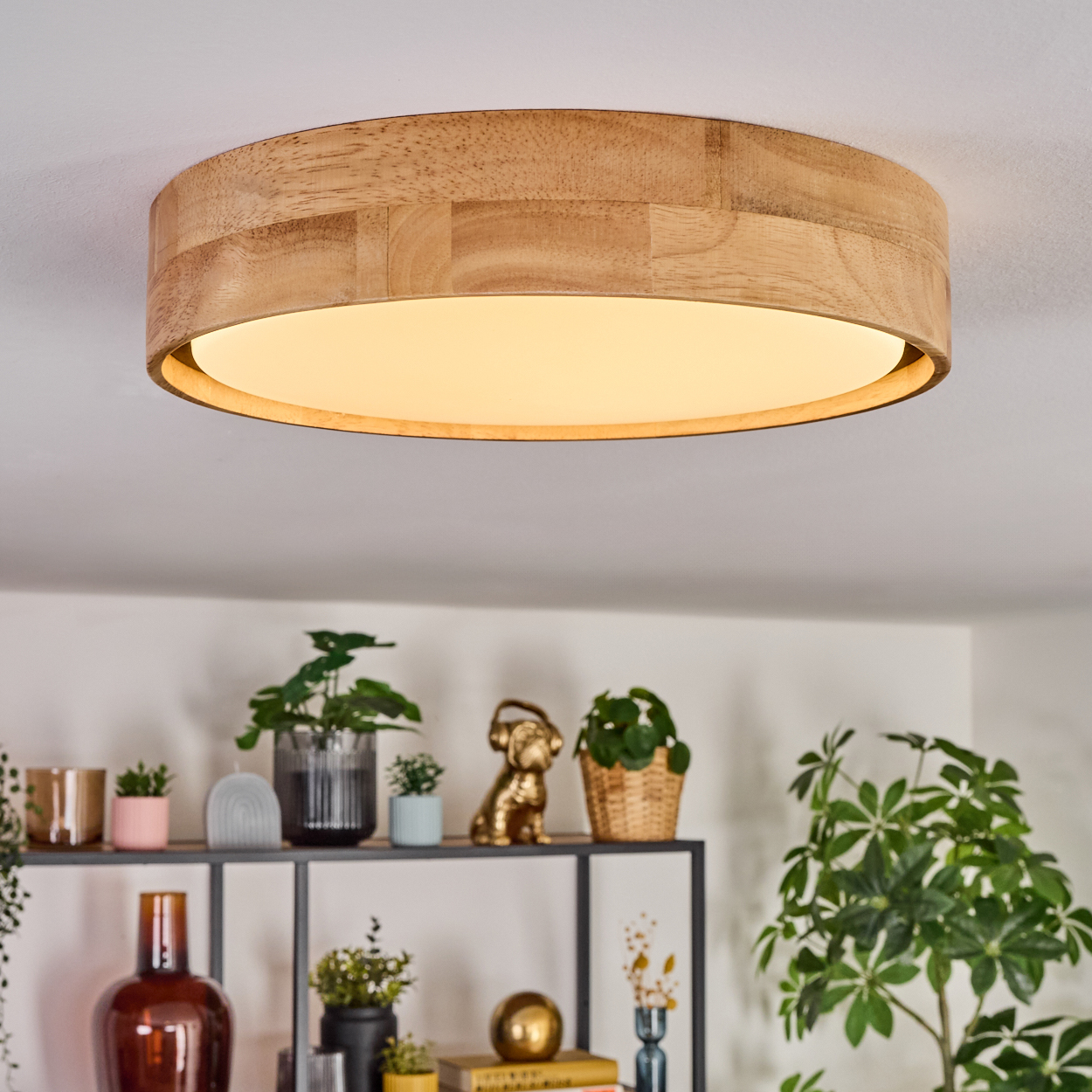 Eine Holzdeckenlampe mit warmem Licht beleuchtet einen Raum. Regale darunter zeigen Pflanzen und Dekoration.