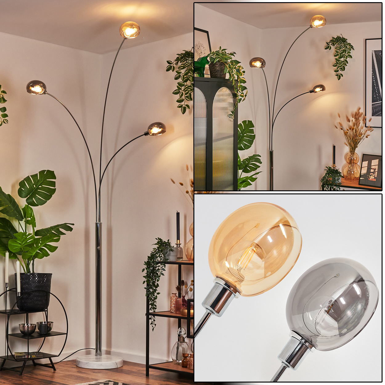 Eine moderne Stehlampe mit drei Glaskugellampen. Der Raum hat auch Pflanzen und Dekorationsartikel auf Regalen.