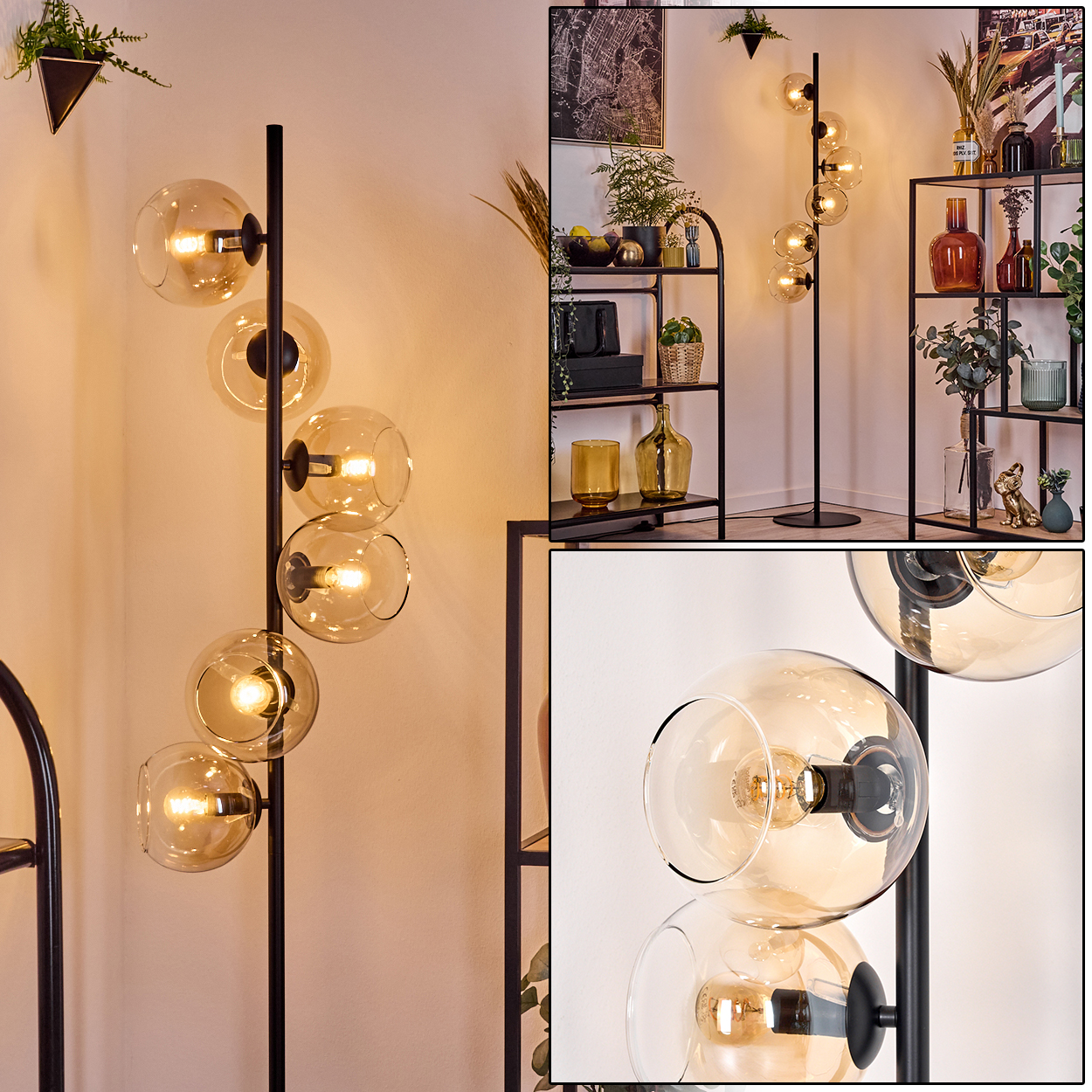 Eine moderne Stehlampe mit fünf kugelförmigen, bernsteinfarbenen Glasschirmen. Ein schwarzer Metallrahmen trägt die Lampen.