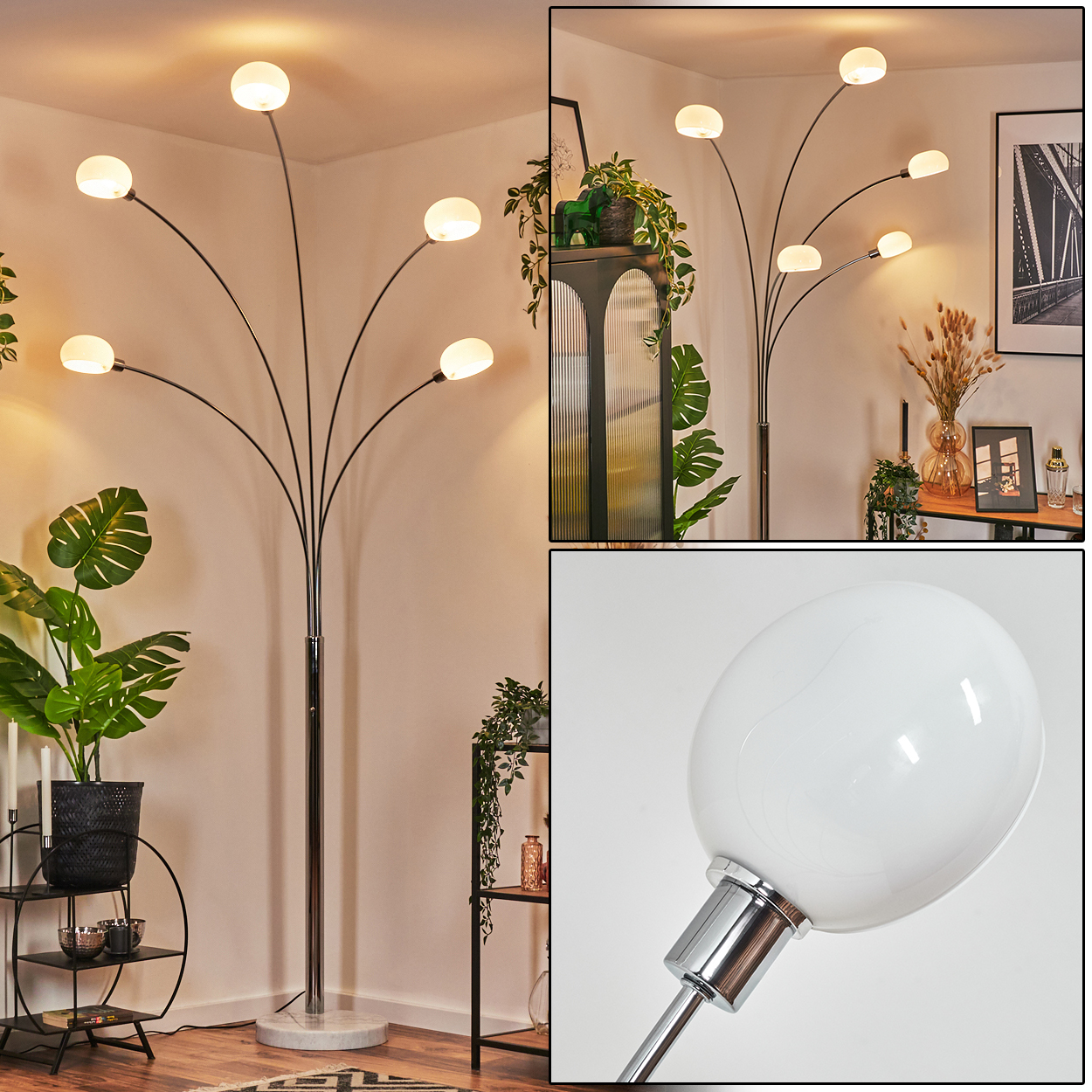 Eine moderne Stehlampe mit mehreren weißen Kugelleuchten. Pflanzen und Dekorationsartikel im Hintergrund vor neutraler Wand.