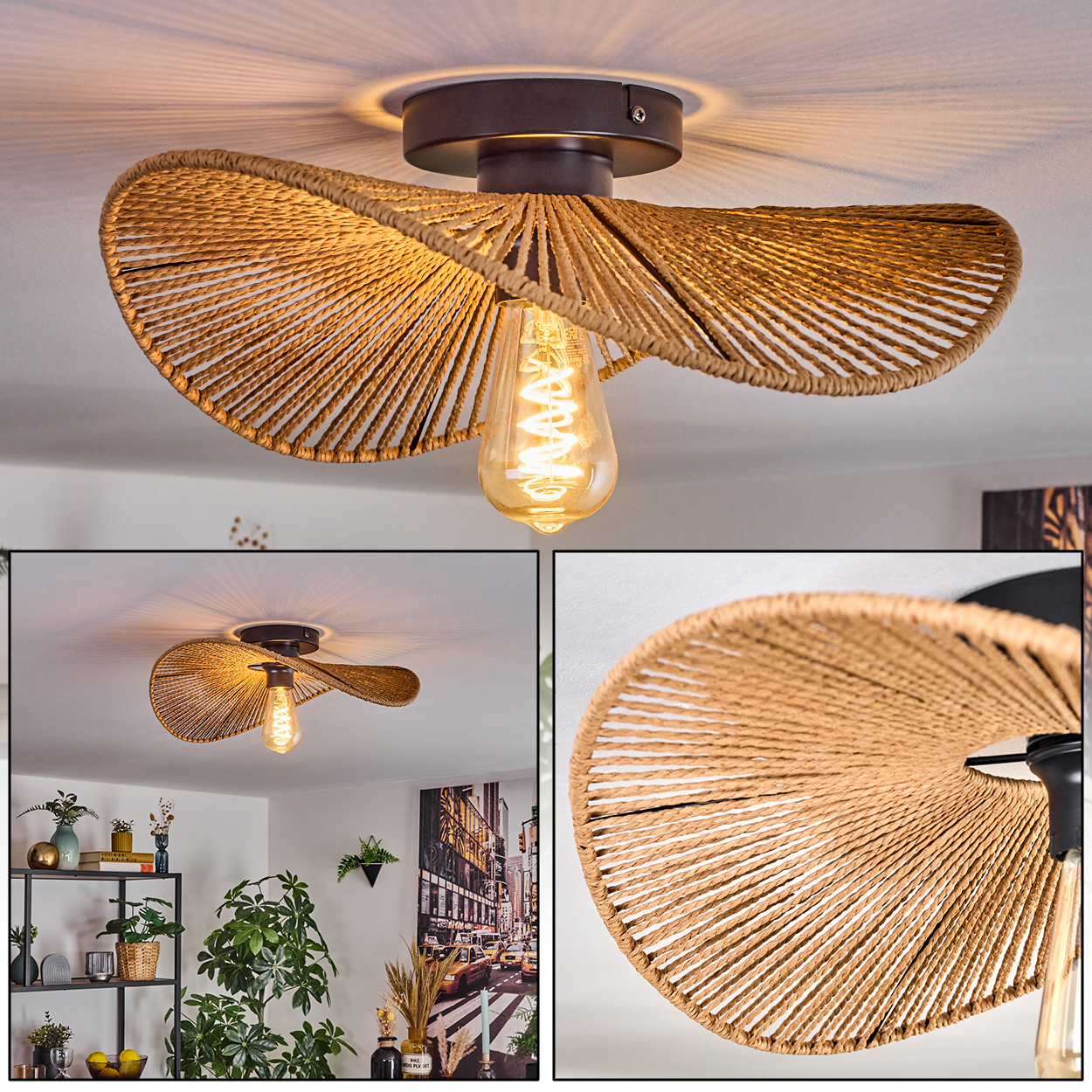 Eine Deckenleuchte mit geflochtenem Seilschirm und Edison-Glühbirne. Das Licht ist braun und der Hintergrund ist eine weiße Decke.