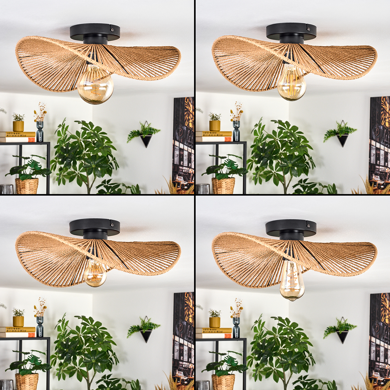 Eine gewebte Deckenlampe mit einer Glühbirne hängt von der Decke. Darunter ein Raum mit Pflanzen in Töpfen, Regalen mit Büchern und Dekoration.