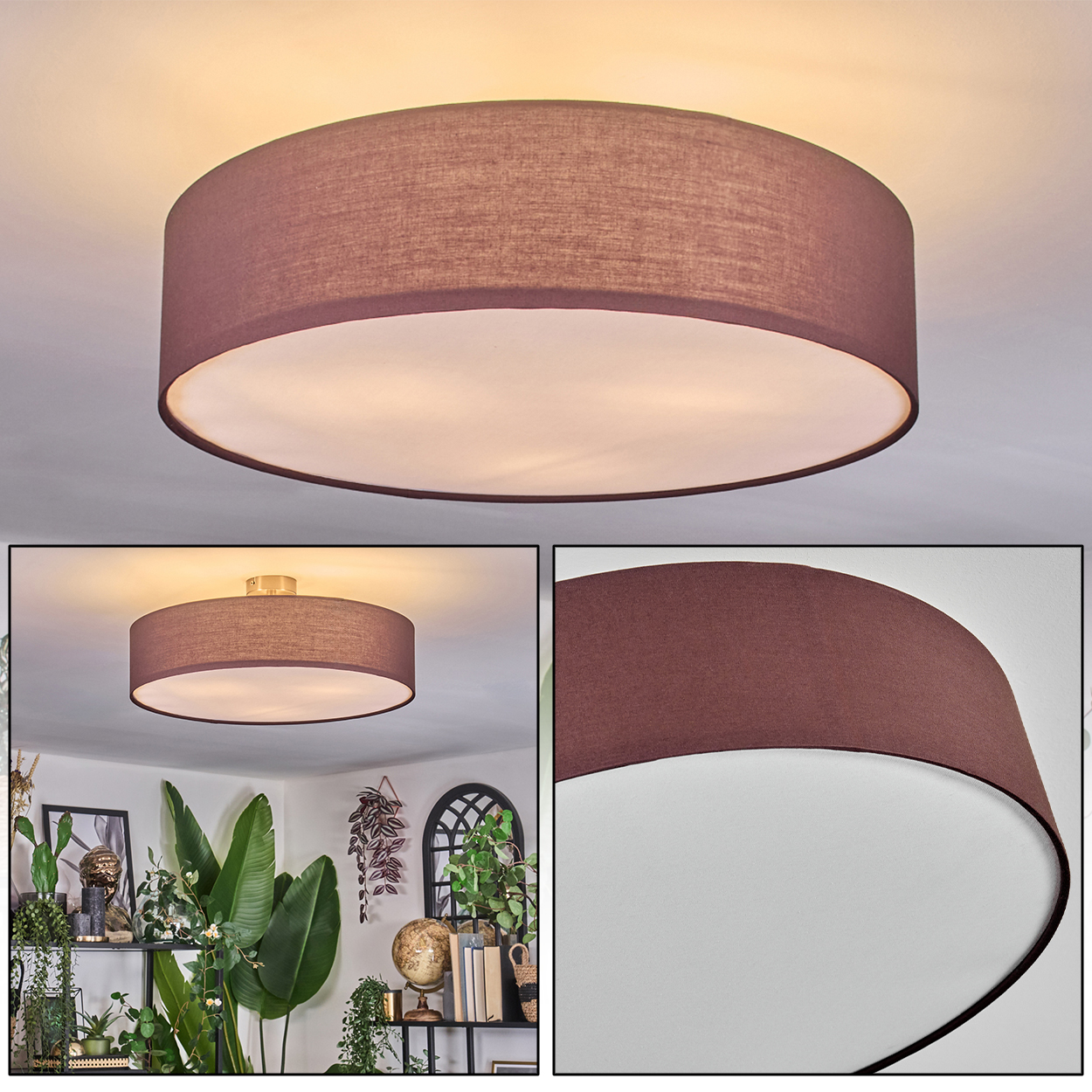 Gezeigt wird eine bordeauxrote, runde Deckenlampe. Im Hintergrund ein Regal mit Pflanzen, Globus und Büchern. Die Lampe ist an und beleuchtet den Raum.
