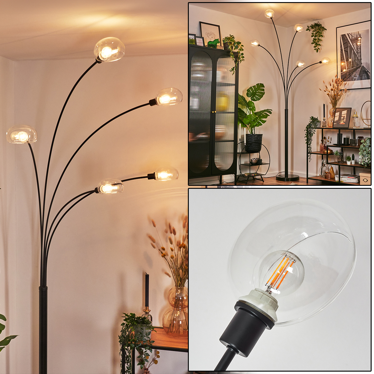 Eine moderne Stehlampe mit fünf Lichtern. Die Lampen haben einen schwarzen Ständer und eine klare Glühbirne. Der Raum ist mit Pflanzen und Möbeln eingerichtet.