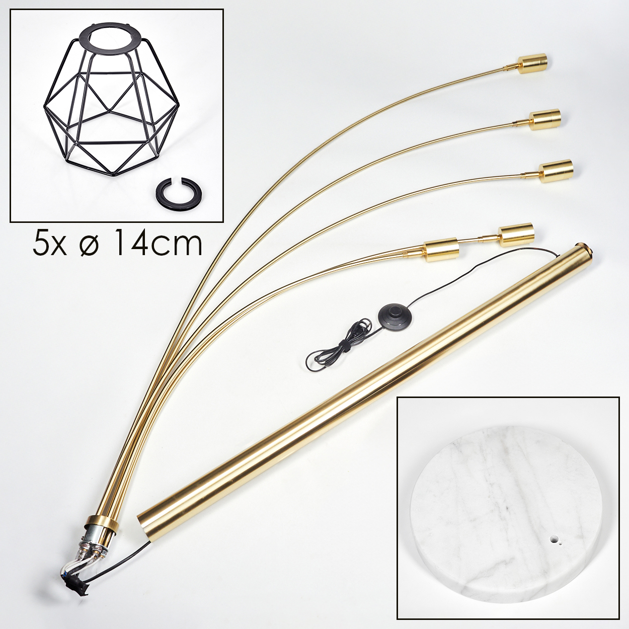 Zerlegte goldene Stehlampenteile. Enthält einen schwarzen Lampenschirm, eine kreisförmige Basis, gebogene Arme und eine Marmorbasis.