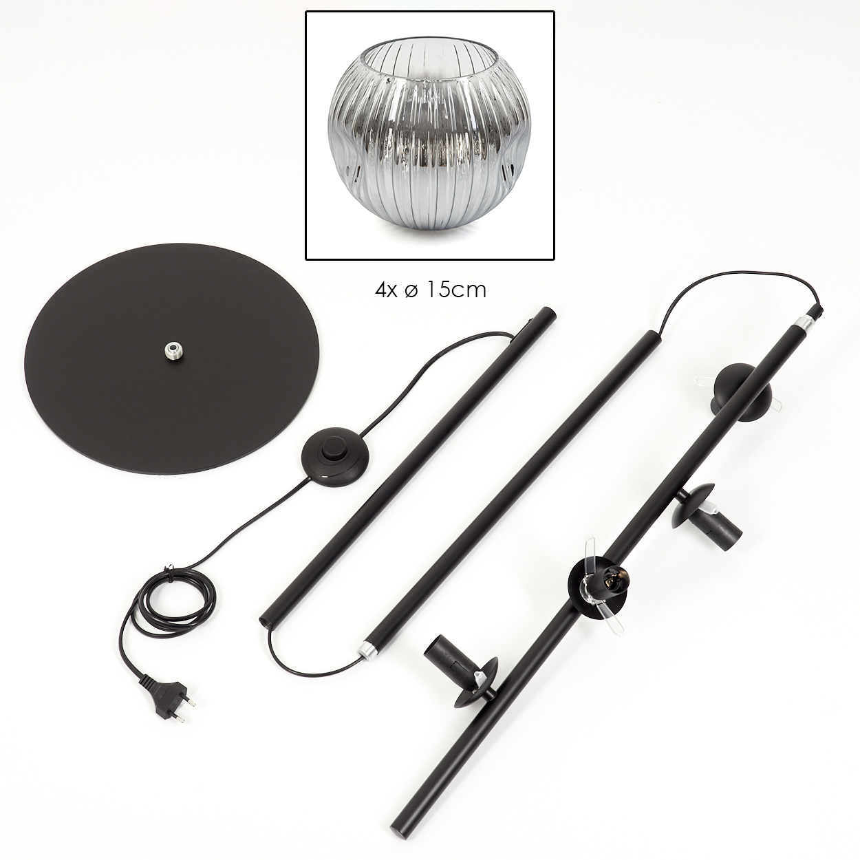 Zerlegte Stehlampe mit schwarzem Sockel, Stangen und Glasschirm. Enthält Netzkabel, Fußschalter und Text '4x Ø 15cm'.