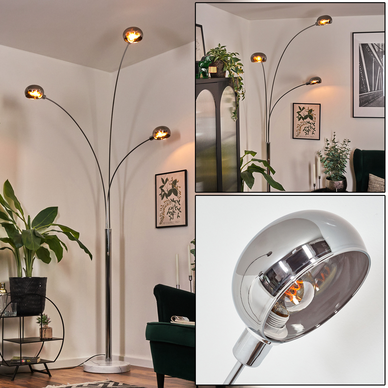 Eine moderne Stehlampe mit drei Lichtern. Der Chromfuß trägt gebogene Arme mit bernsteinfarbenen Glasschirmen. Eine Pflanze und ein dunkelgrüner Stuhl sind sichtbar.