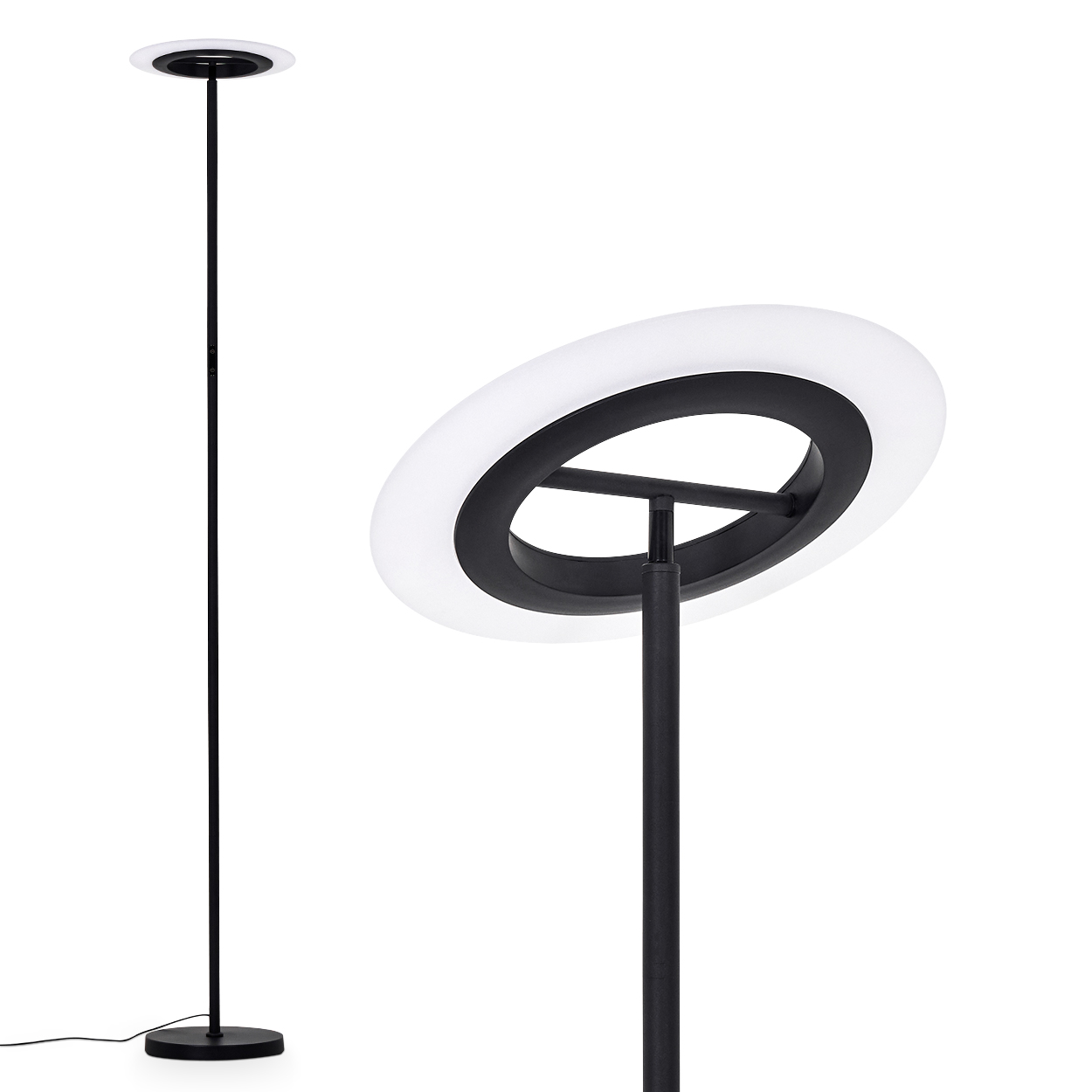 Eine moderne schwarze Stehlampe mit kreisförmigem Licht oben. Die Lampe hat einen schlanken Stiel und einen runden Sockel.