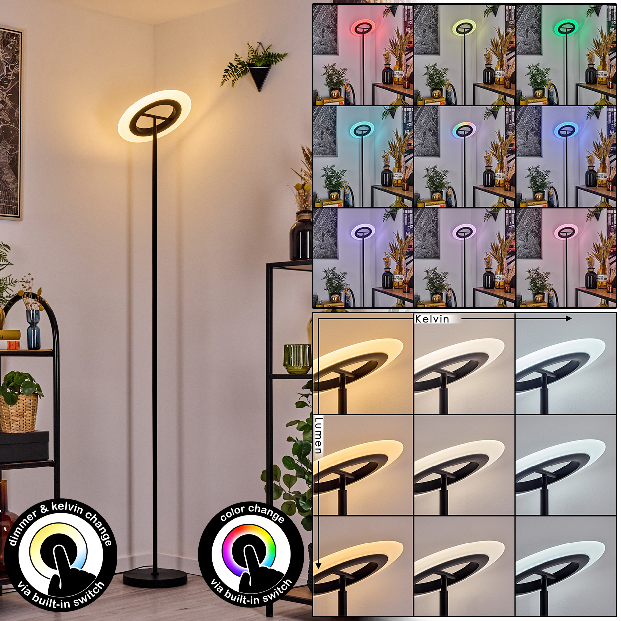 Eine moderne Stehlampe mit kreisförmigem Licht, die Farb- und Helligkeitsoptionen anzeigt. Sie hat einen schwarzen Ständer und einen eingebauten Schalter.