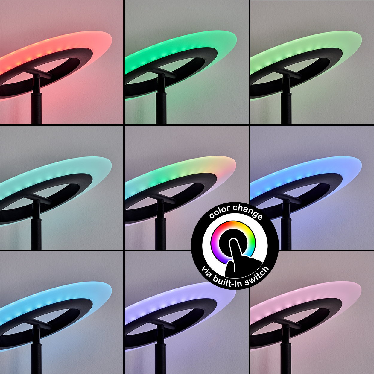 Eine moderne Lampe mit kreisförmigem Licht, in verschiedenen Farben gezeigt. Ein Knopf unten zeigt Farbwechsel über einen eingebauten Schalter an.