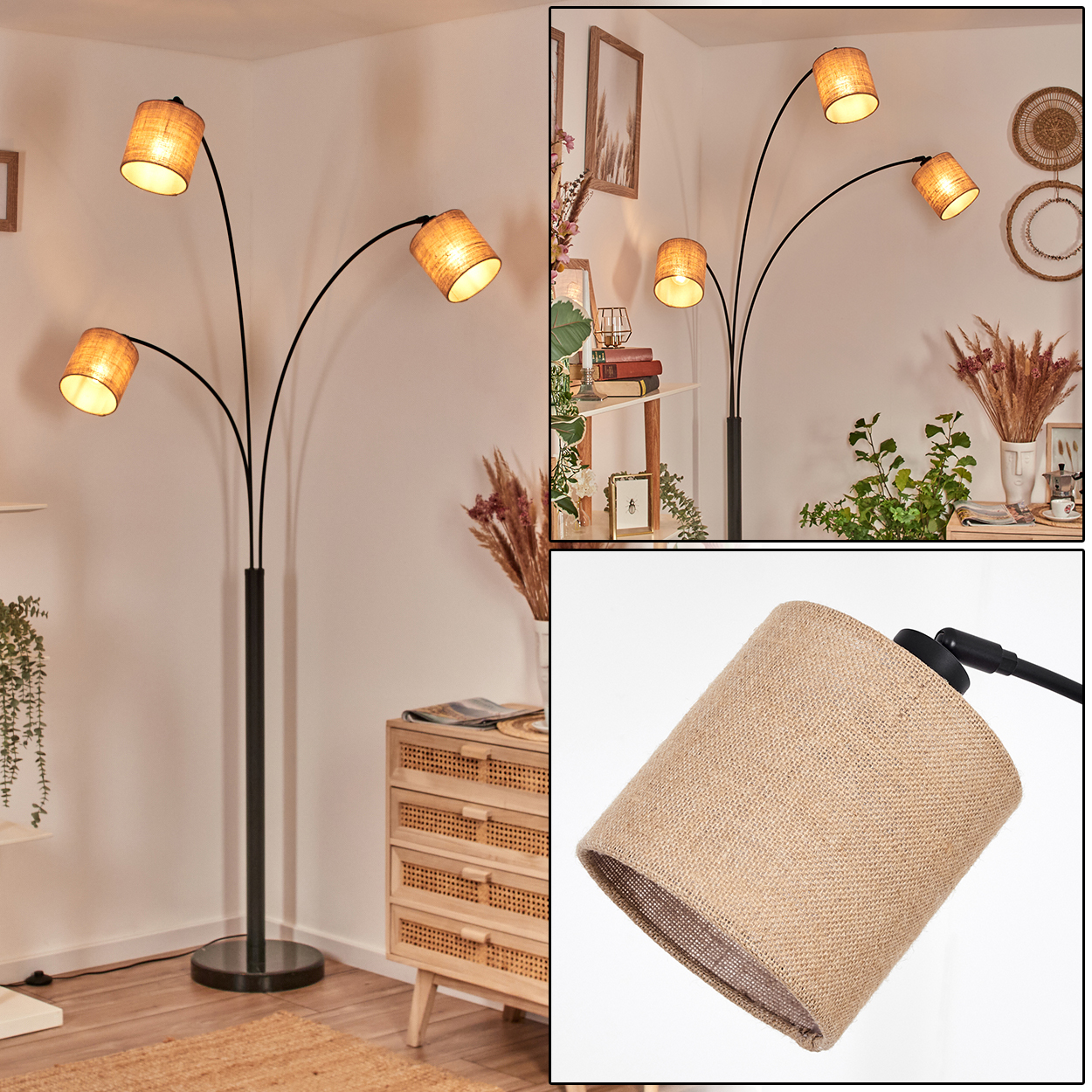 Eine Stehlampe mit vier Lampenschirmen. Die Schirme sind beige, der Ständer ist schwarz. Im Hintergrund Möbel und Dekorationen.