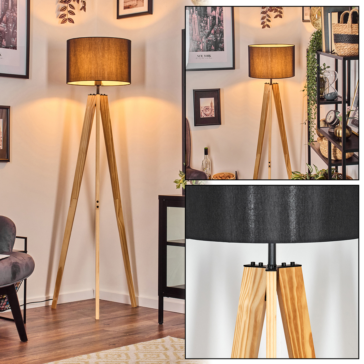 Eine hölzerne Stativ-Stehlampe mit schwarzem Lampenschirm steht in einem Raum. Bilder sind an der Wand. Ein Stuhl ist im Vordergrund.