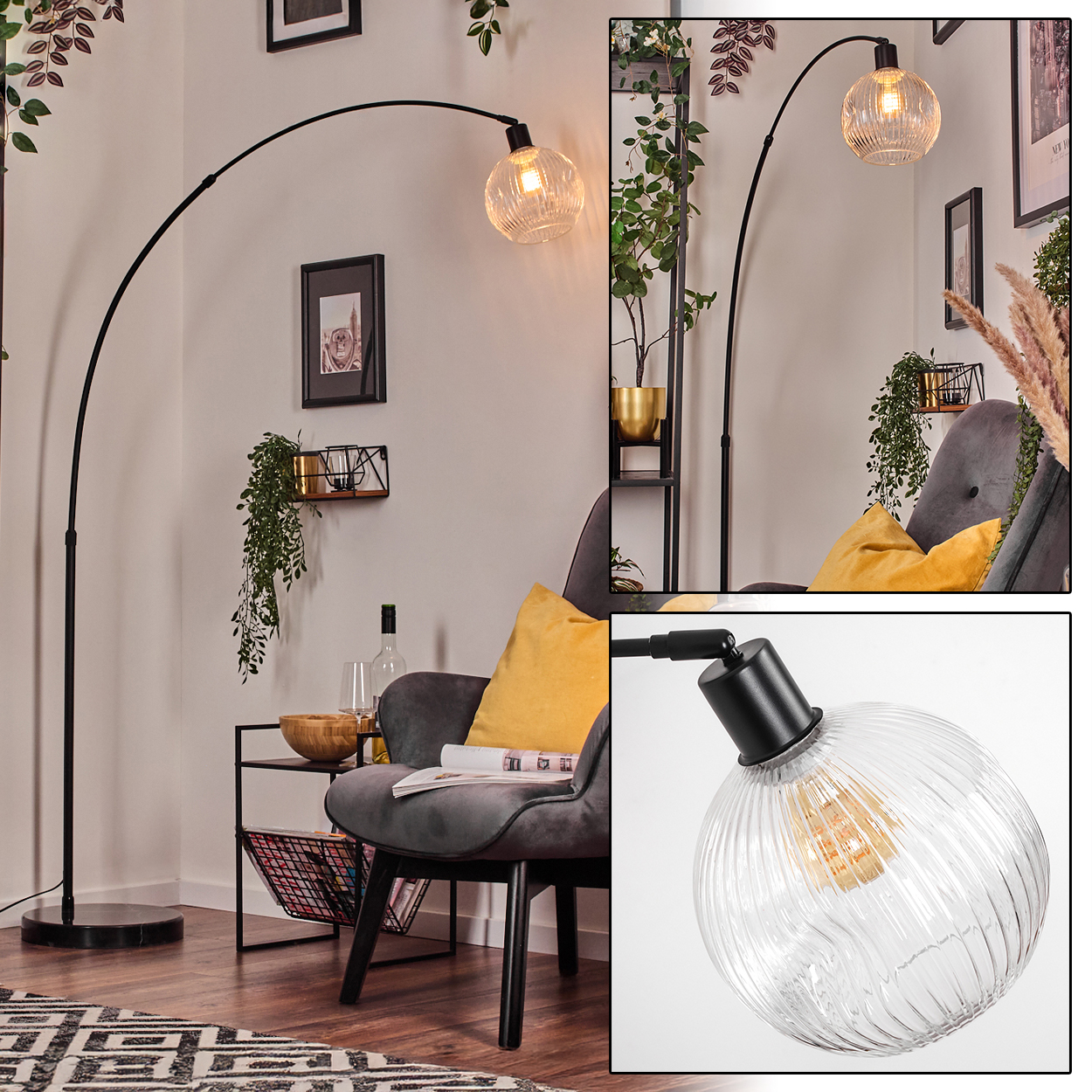 Ein modernes Wohnzimmer mit einer schwarzen Bogen-Stehlampe, einem grauen Sessel mit gelbem Kissen und Zierpflanzen.