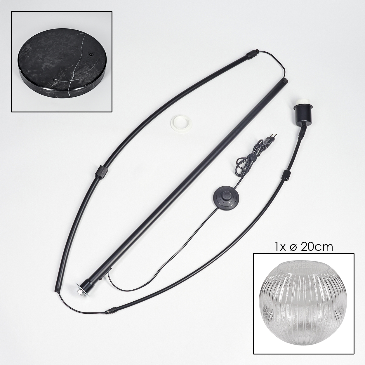 Zerlegte schwarze Stehlampe. Enthält einen Marmorsockel, einen gebogenen Arm, eine gerade Stange, einen Glasschirm und einen Fußschalter.