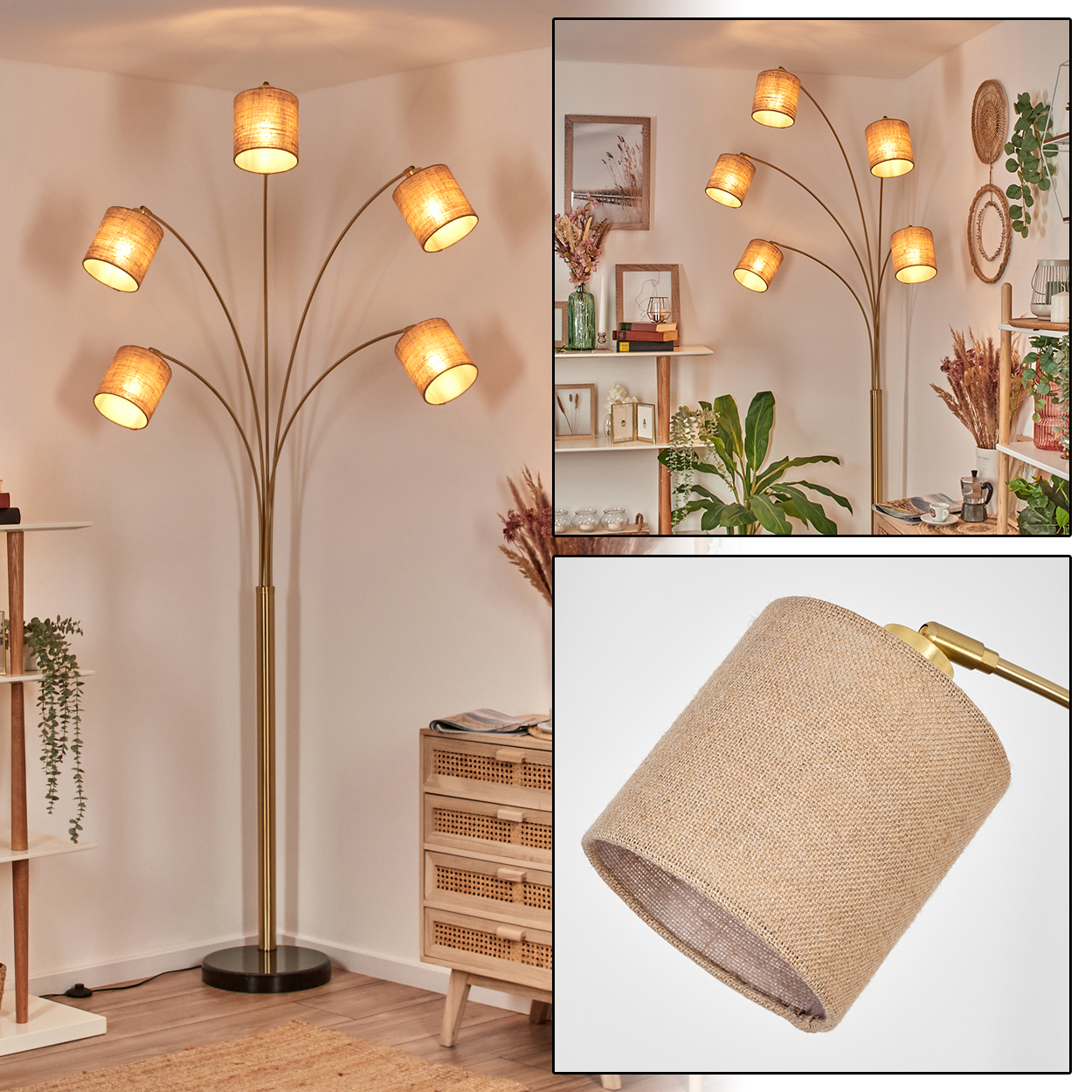 Eine Stehlampe mit sechs Lampenschirmen. Die Lampe hat ein goldfarbenes Gestell und beige Lampenschirme. Im Hintergrund ein Schrank und ein Regal.