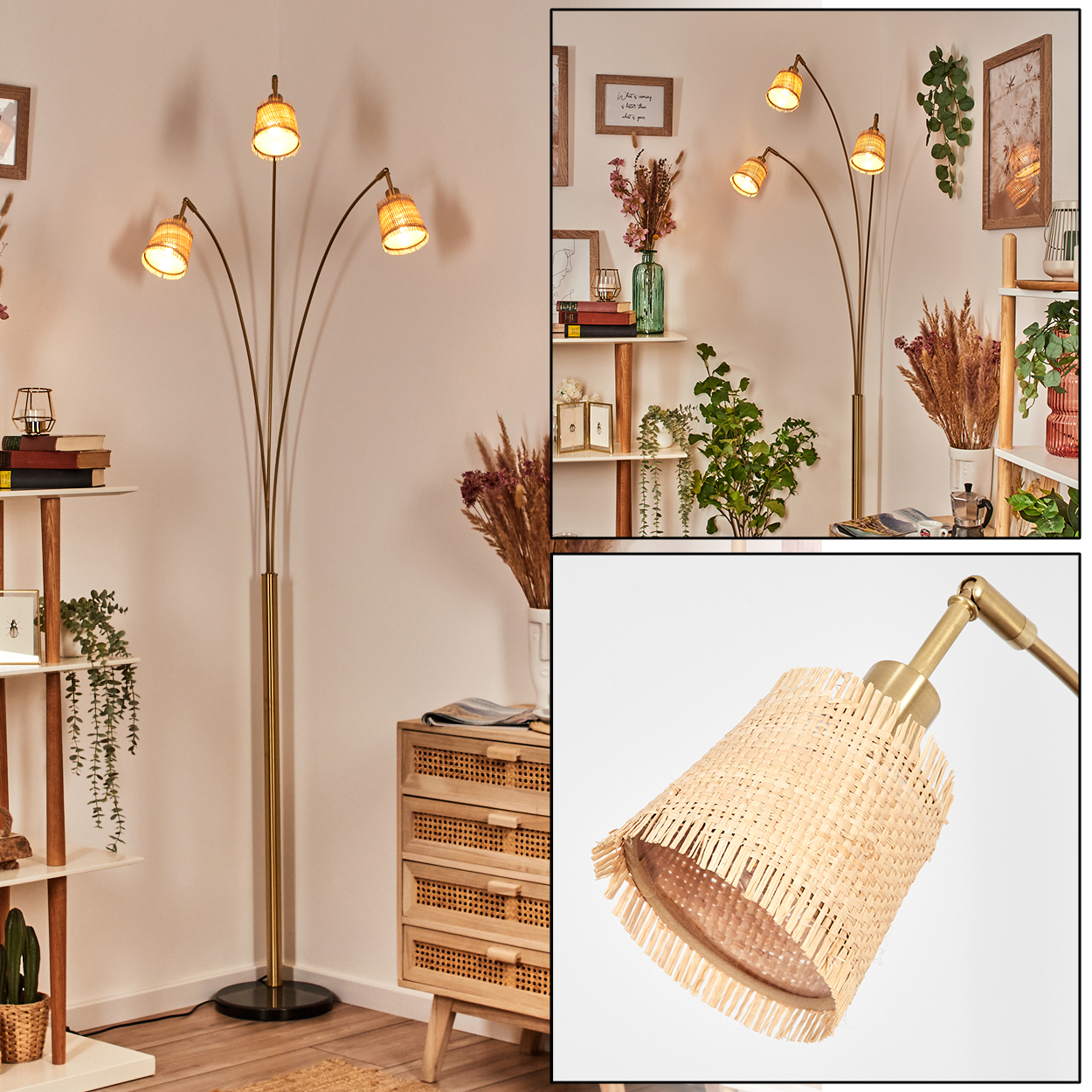 Eine Stehlampe mit fünf Lichtern. Die Lampenschirme sind gewebt, der Rahmen ist goldfarben. Im Hintergrund befinden sich Regale und eine Kommode.