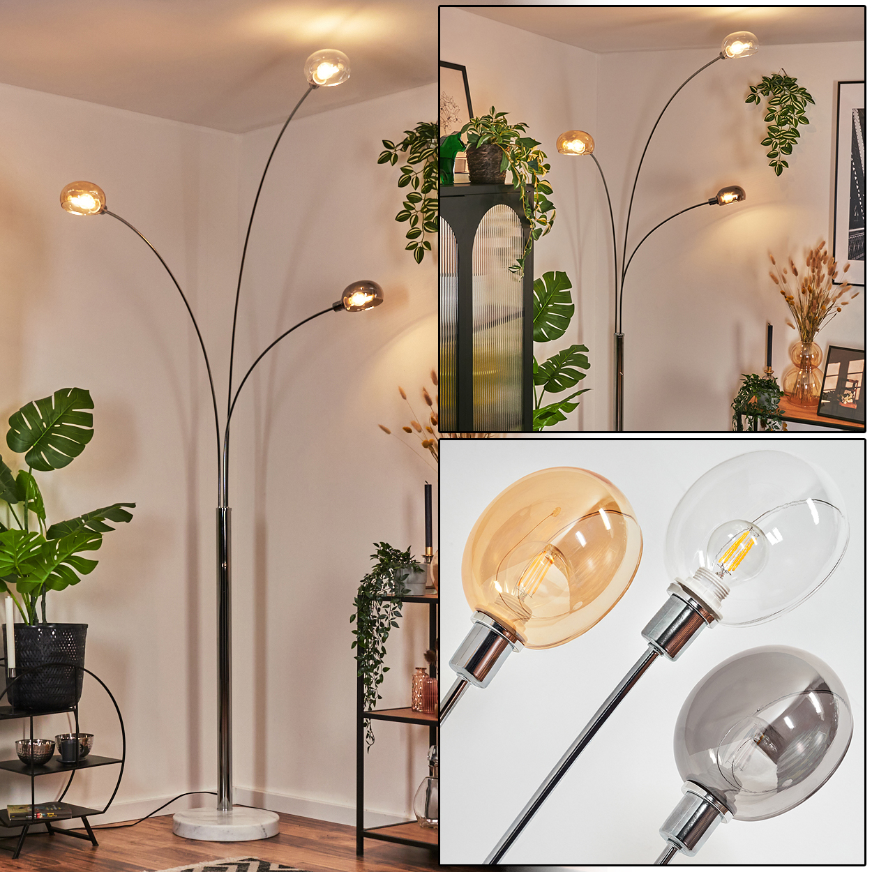 Eine moderne Stehlampe mit drei gebogenen Armen, jede mit einer kugelförmigen Glühbirne. Der Sockel ist aus Marmor, mit Pflanzen und Dekoration.