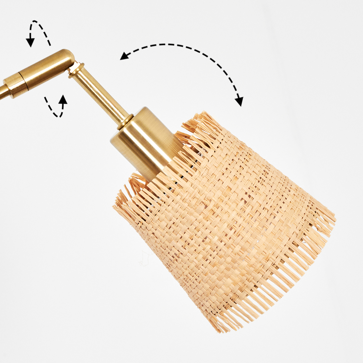 Eine goldfarbene, verstellbare Lampe mit einem gewebten Lampenschirm. Pfeile zeigen mögliche Bewegungen an. Der Hintergrund ist weiß.