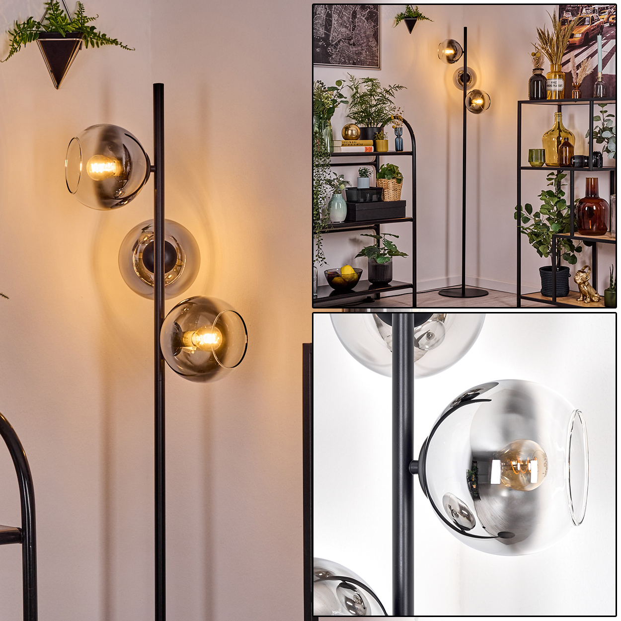 Eine moderne Stehlampe mit drei kugelförmigen Lampenschirmen. Die Lampe ist schwarz, mit klaren Glasschirmen und warmen Glühbirnen.