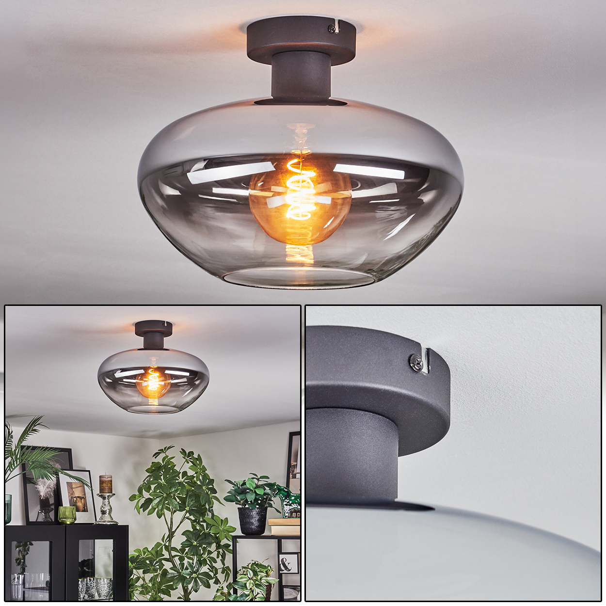 Eine moderne Deckenleuchte mit Rauchglasschirm. Die Glühbirne leuchtet warm. Die Leuchte ist an einer grauen Decke befestigt. Im Hintergrund ist ein Raum.