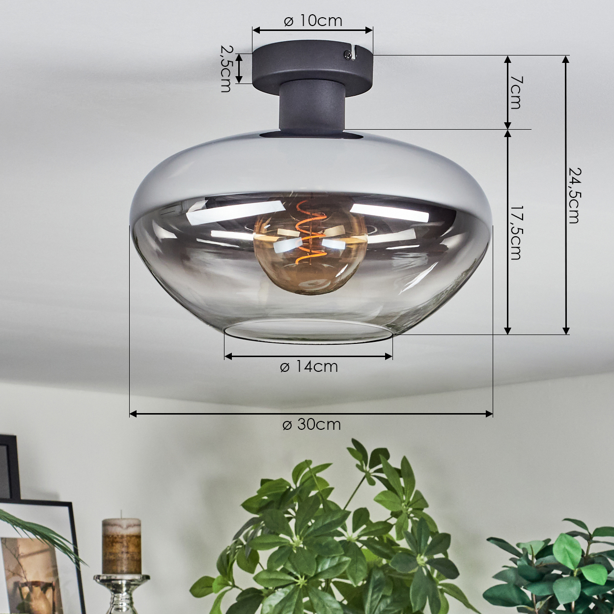 Eine moderne Deckenlampe mit Glasschirm und sichtbarer Glühbirne. Abmessungen sind auf dem Bild markiert. Grüne Pflanzen im Vordergrund.