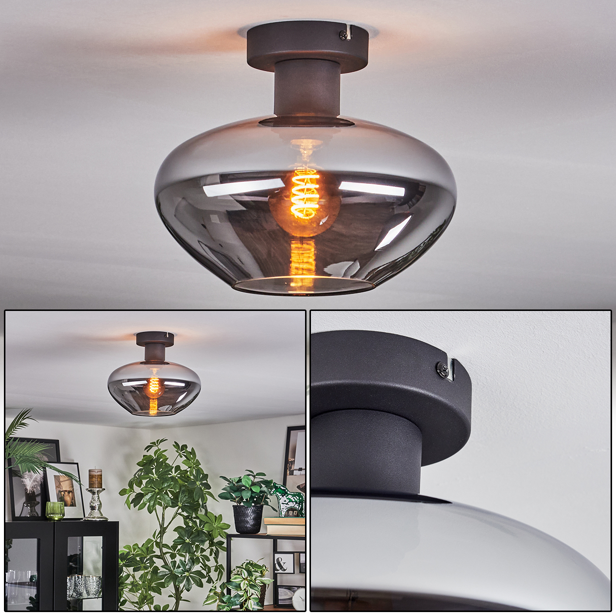 Eine moderne Deckenlampe mit rauchfarbenem Glasschirm und sichtbarer, warm getönter Glühbirne. Die Halterung ist dunkel, vor weißem Hintergrund.
