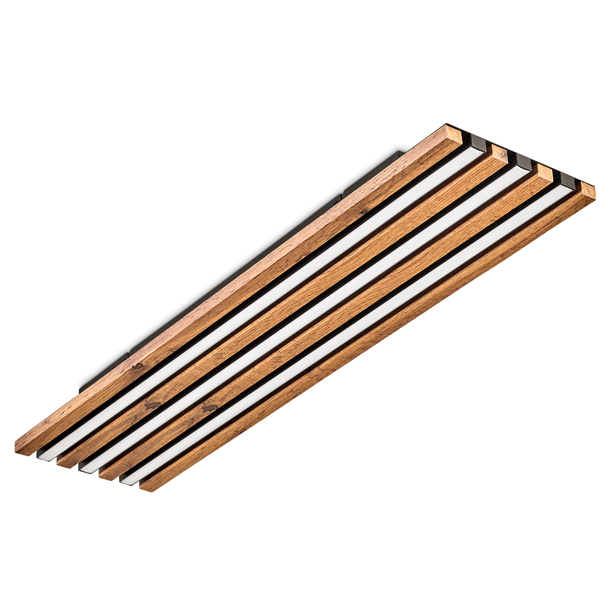 Holzdeckenleuchte mit abwechselnd dunklen Holz- und weißen Paneelen, schräg vor weißem Hintergrund.