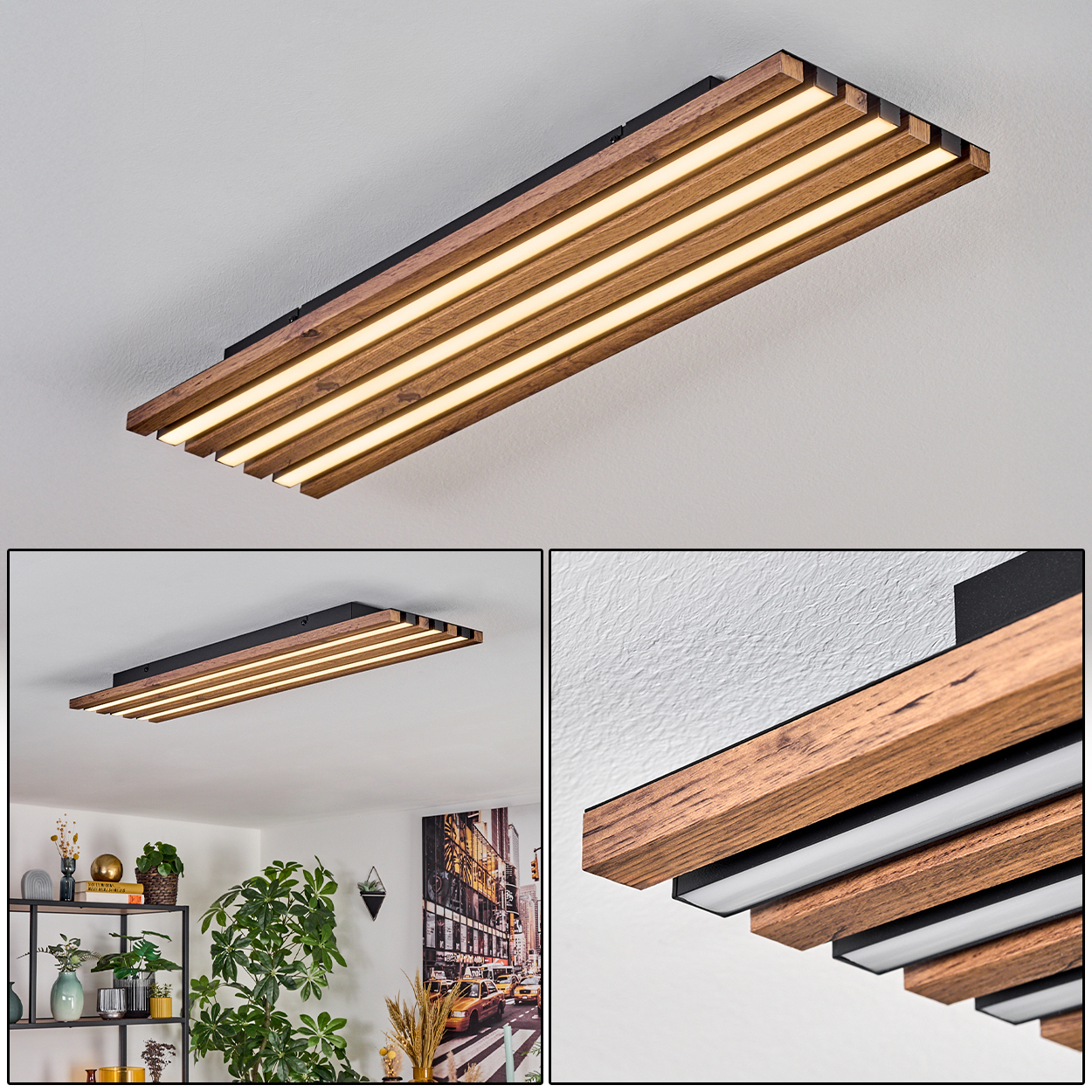 Deckenleuchte aus Holz und Schwarz. Sie hat vier Lichtstreifen. Die Decke ist weiß.