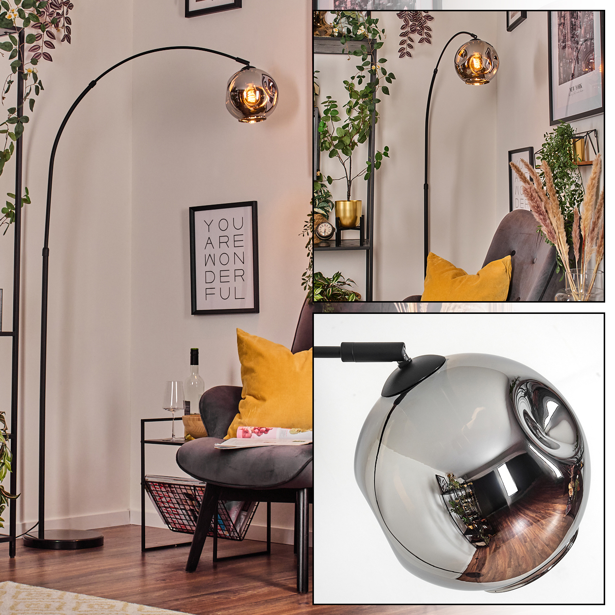 Ein modernes Wohnzimmer mit schwarzer Bogenlampe, grauem Stuhl mit gelbem Kissen, Bilderrahmen und Pflanzen.