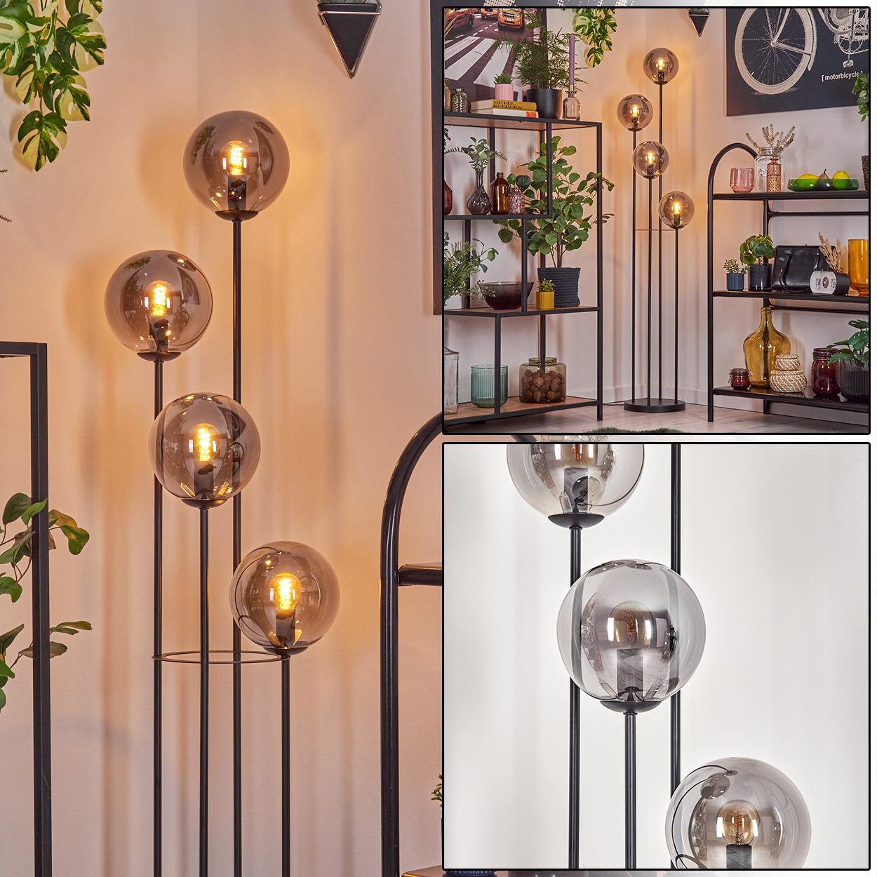 Eine Stehlampe mit vier Glaskugel-Schirmen steht im Zentrum. Regale mit Pflanzen und Dekorationen sind im Hintergrund.