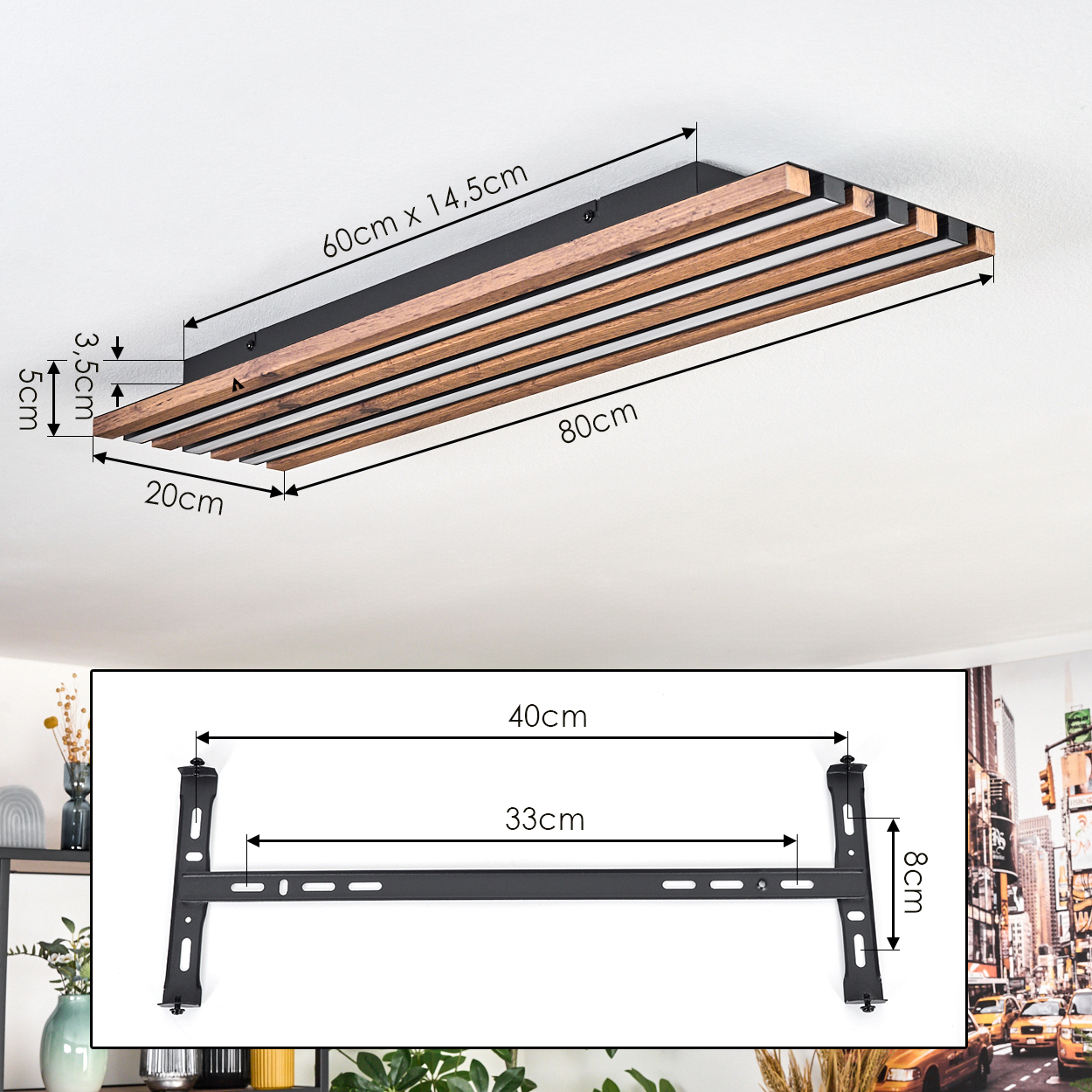 Deckenlampe mit Holzlatten und Maßangaben. Unten eine schwarze TV-Halterung mit Maßen. Hintergrund: Stadtansicht.