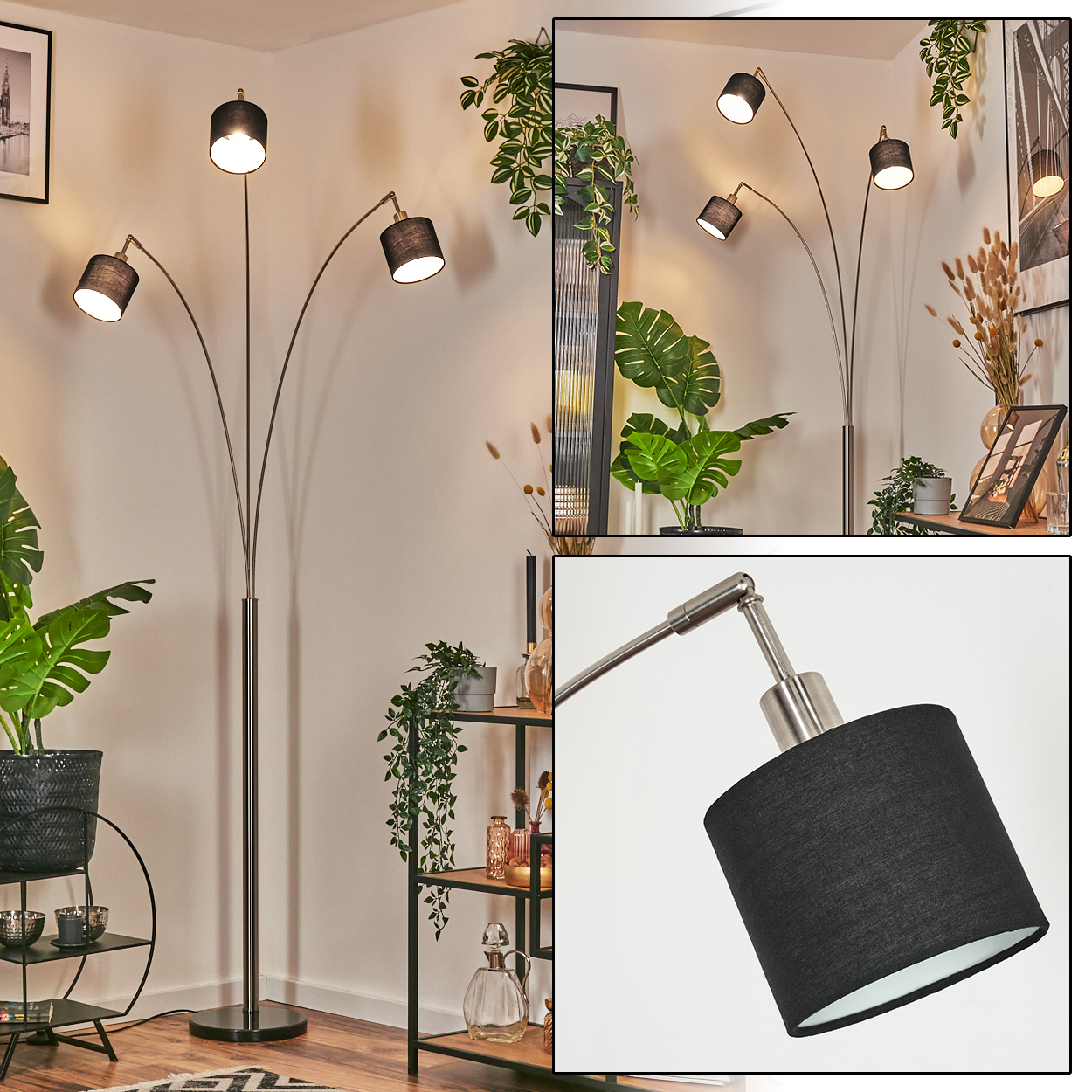 Eine Stehlampe mit drei schwarzen Lampenschirmen. Der Raum hat Pflanzen und Dekorationsartikel. Der Hintergrund ist eine weiße Wand.