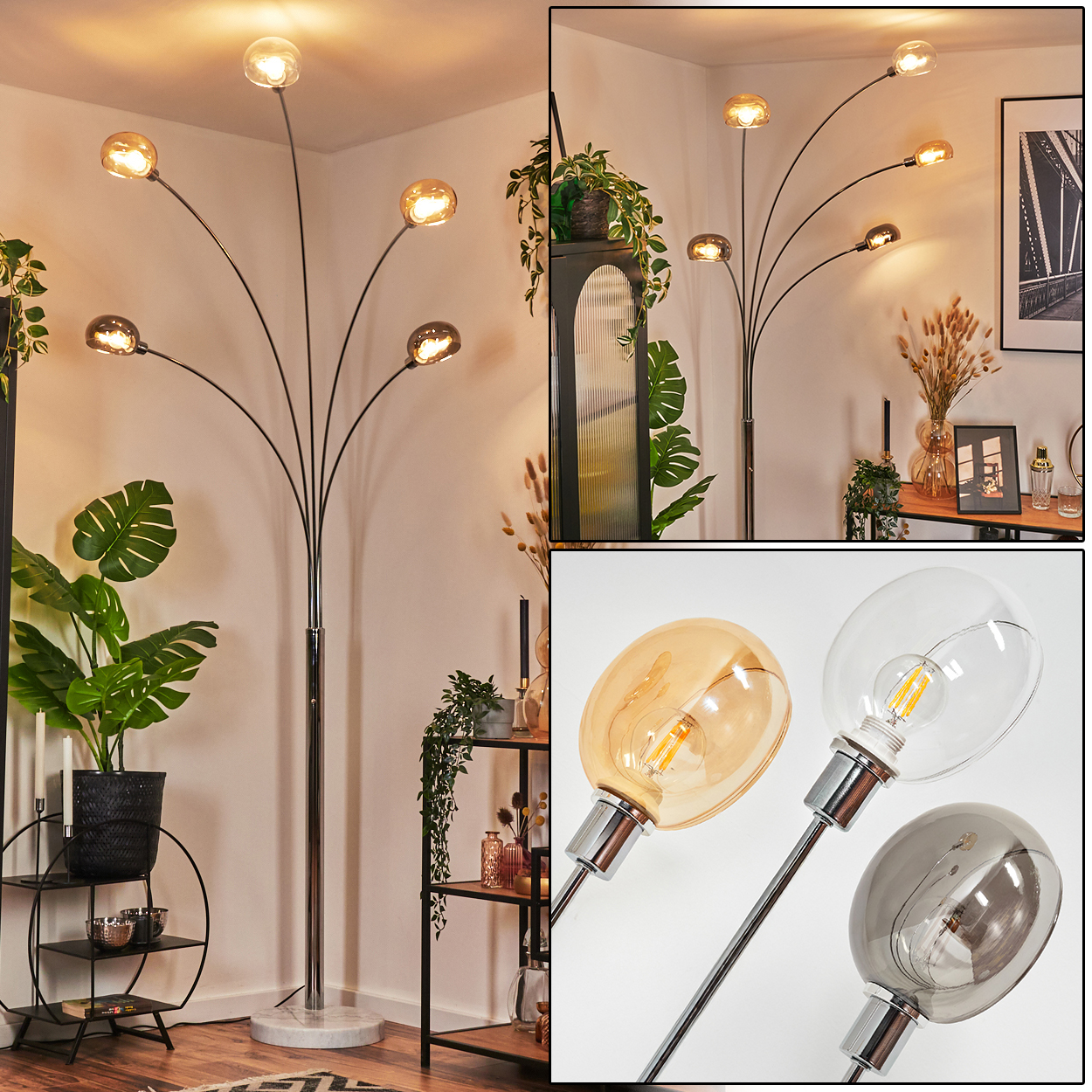 Eine moderne Stehlampe mit sechs kugelförmigen Lichtern steht in einem Raum mit Pflanzen und einem Regal. Die Glühbirnen haben unterschiedliche Farben.