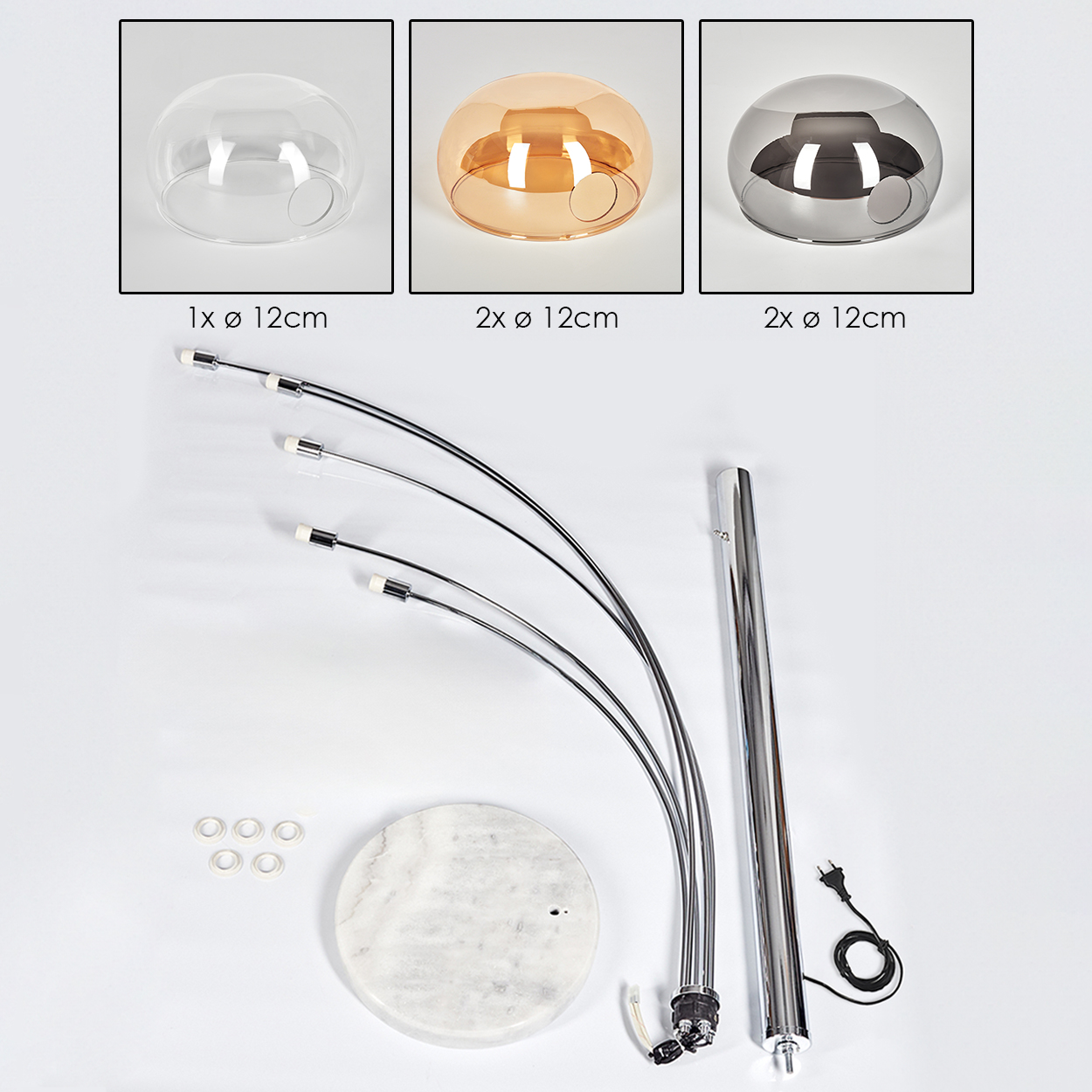 Lampenbauteile: Glasschirme, gebogene Metallarme, Marmorsockel und eine Chromstange. Die Schirme sind klar, bernsteinfarben und silber.