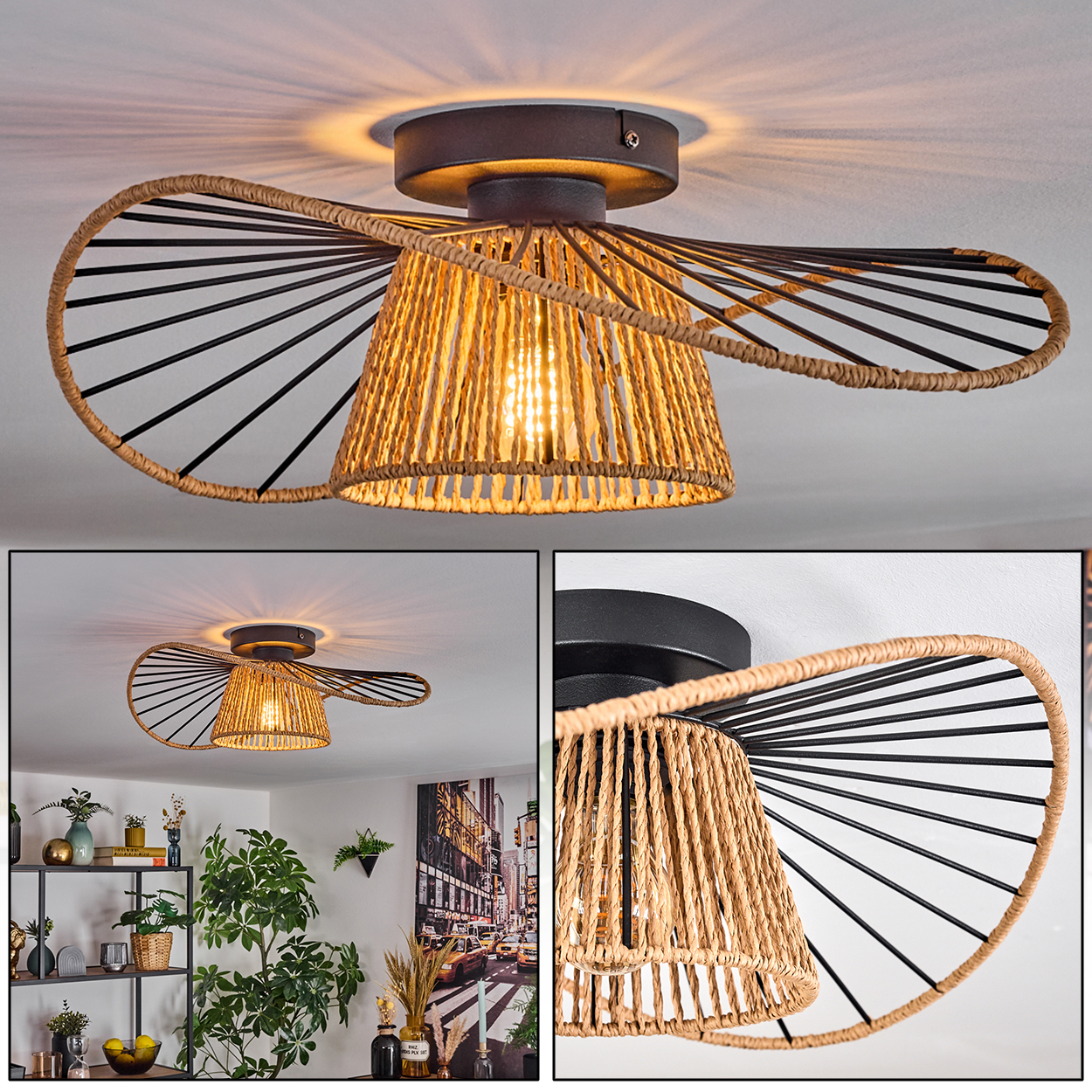 Eine Deckenleuchte mit gewebtem Lampenschirm und schwarzen Metallakzenten. Das Licht ist an und wirft einen warmen Schein.
