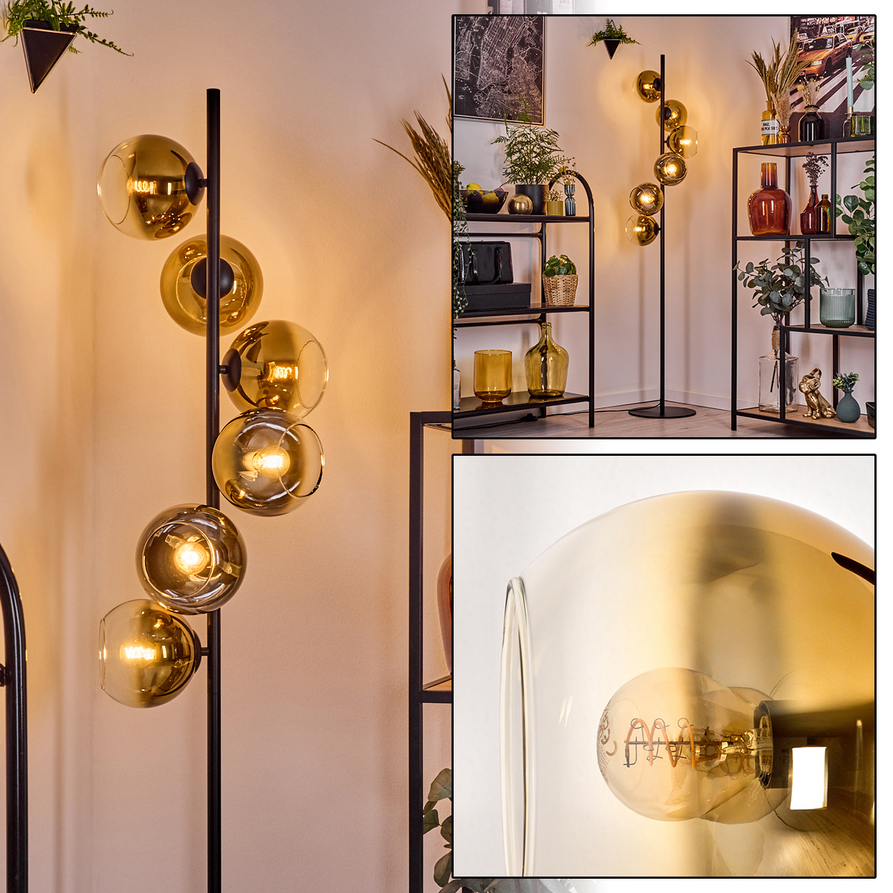 Eine moderne Stehlampe mit sechs goldenen Glaskugeln. Regale mit Vasen und Dekoration befinden sich im Hintergrund.