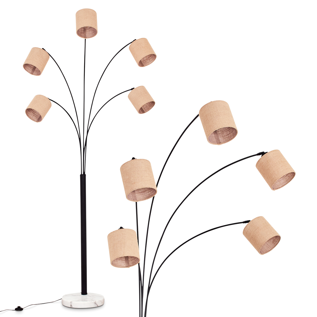 Eine Stehlampe mit acht beigefarbenen Stoffschirmen an schwarzen, gebogenen Armen. Der Sockel ist marmorähnlich mit schwarzer Mittelsäule.