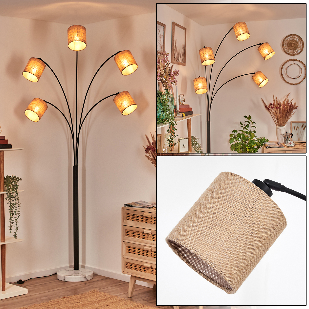 Eine Stehlampe mit sieben Lampenschirmen, beige Farbe, in einem Raum mit Möbeln und Dekorationen. Die Lampe ist schwarz, und die Schirme sind beleuchtet.