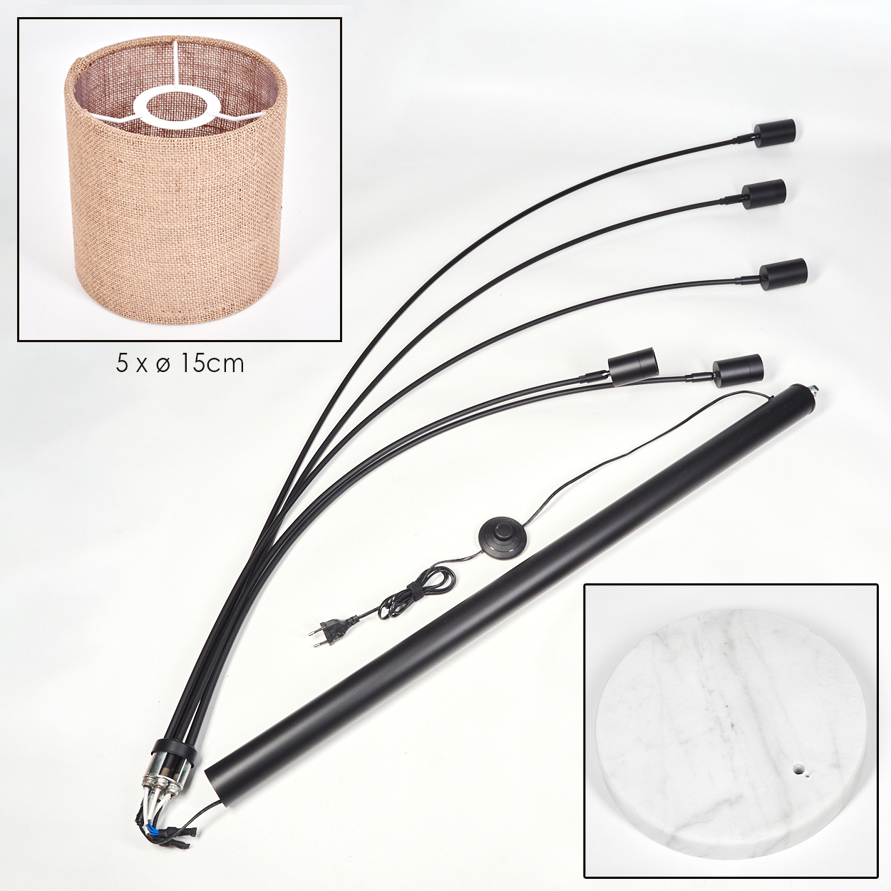 Zerlegte Stehlampe mit Teilen: Lampenschirm, gebogene Arme, Sockel und Marmorsockel. Komponenten sind schwarz und beige auf weißem Hintergrund.