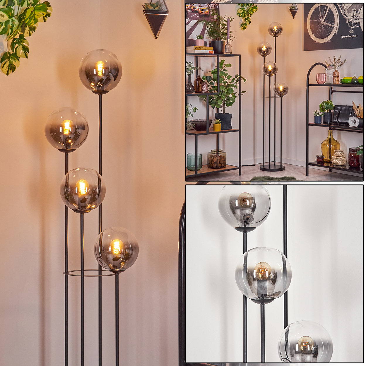 Eine moderne Stehlampe mit vier Glaskugelschirmen. Die Lampe ist schwarz und minimalistisch gestaltet. Der Hintergrund zeigt Regale und Pflanzen.