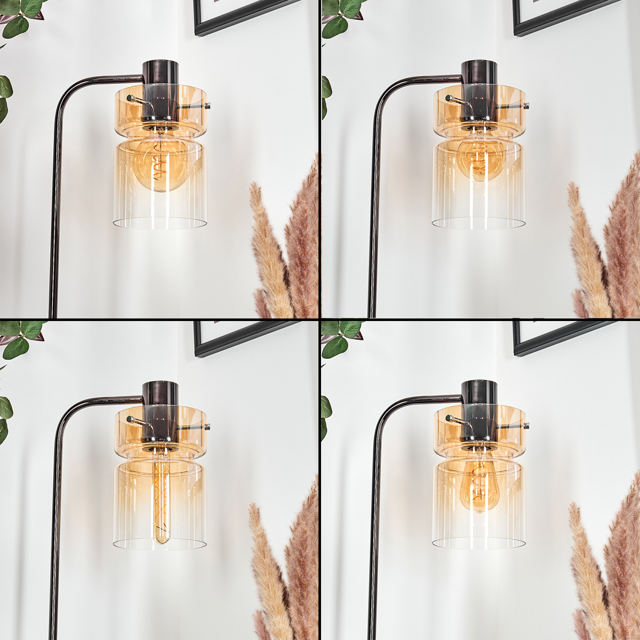Vier Bilder einer modernen Lampe mit gelb-orangem Glasschirm. Die Lampe hat ein schwarzes Metallgestell. Pampasgras und Kunst sind im Hintergrund.
