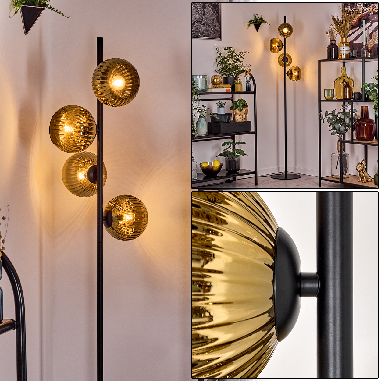 Eine Stehlampe mit vier bernsteinfarbenen Glaskugeln steht in einem Raum. Regale mit Pflanzen und Dekorationsartikeln im Hintergrund.