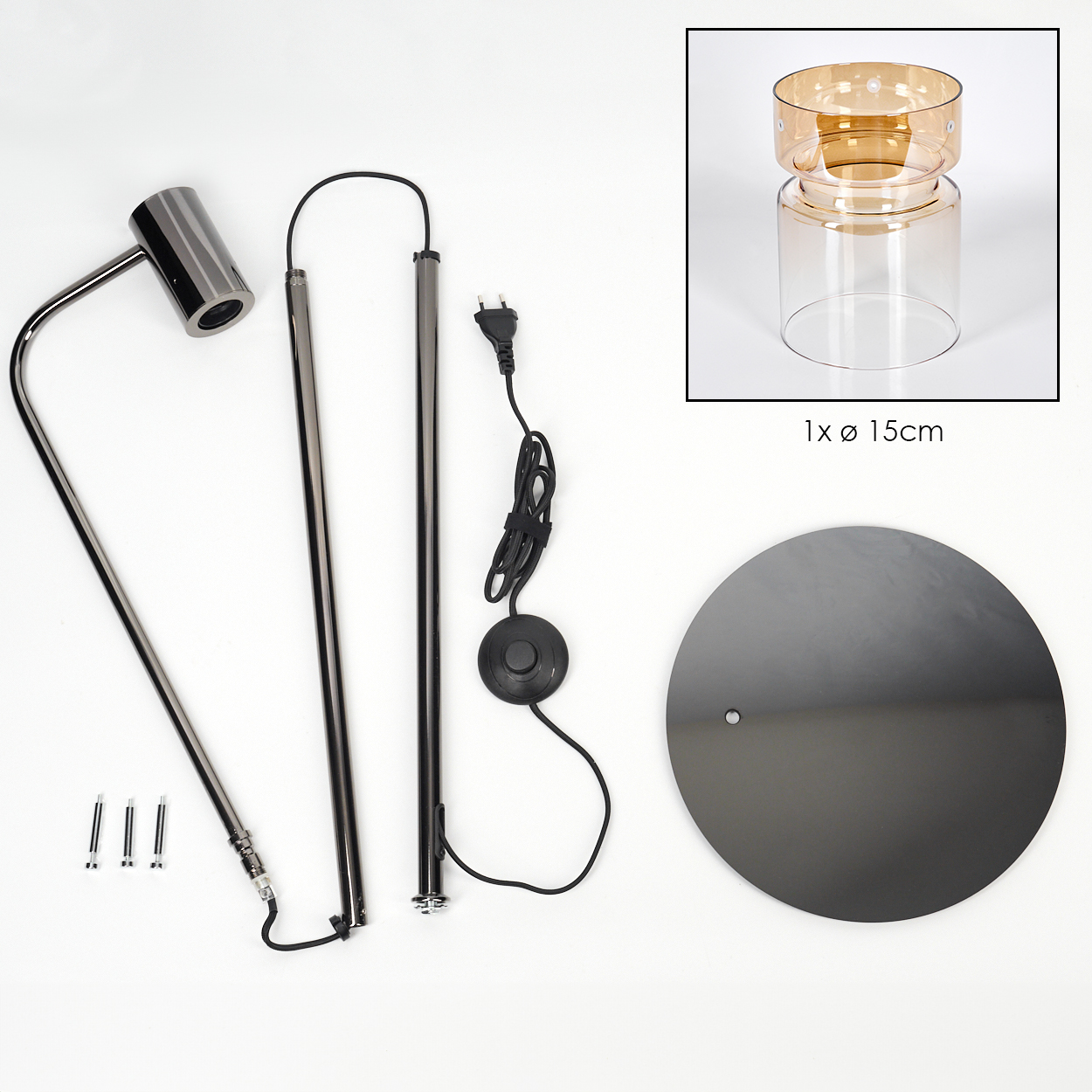 Zerlegte moderne Stehlampe. Enthält Lampenkopf, Stange, Sockel, Glasschirm, Netzkabel und Schrauben. Alles auf weißem Hintergrund.