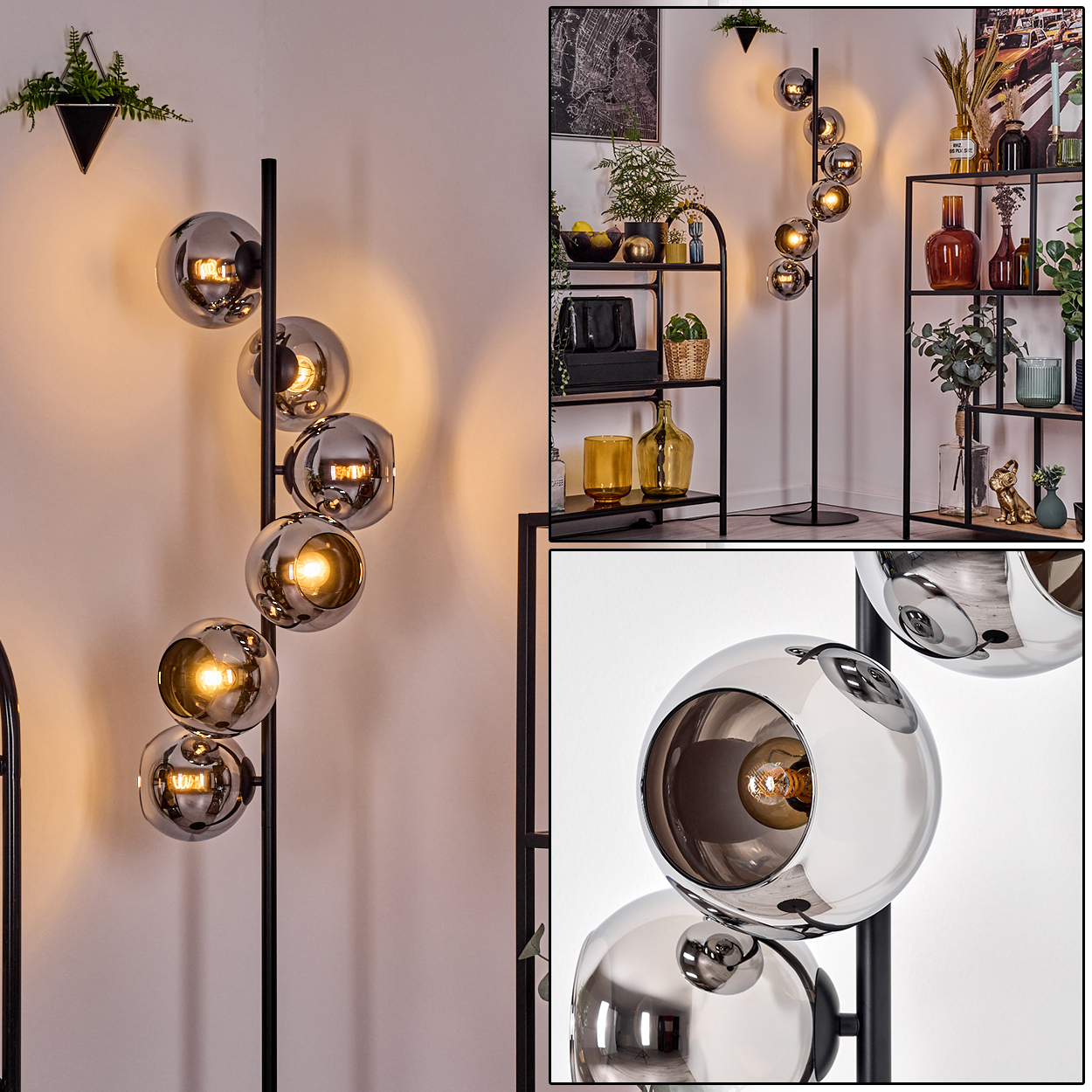 Eine moderne Stehlampe mit sechs kugelförmigen, verspiegelten Glasschirmen, die mit warmem Licht beleuchtet werden, steht in einem Raum mit Regalen.