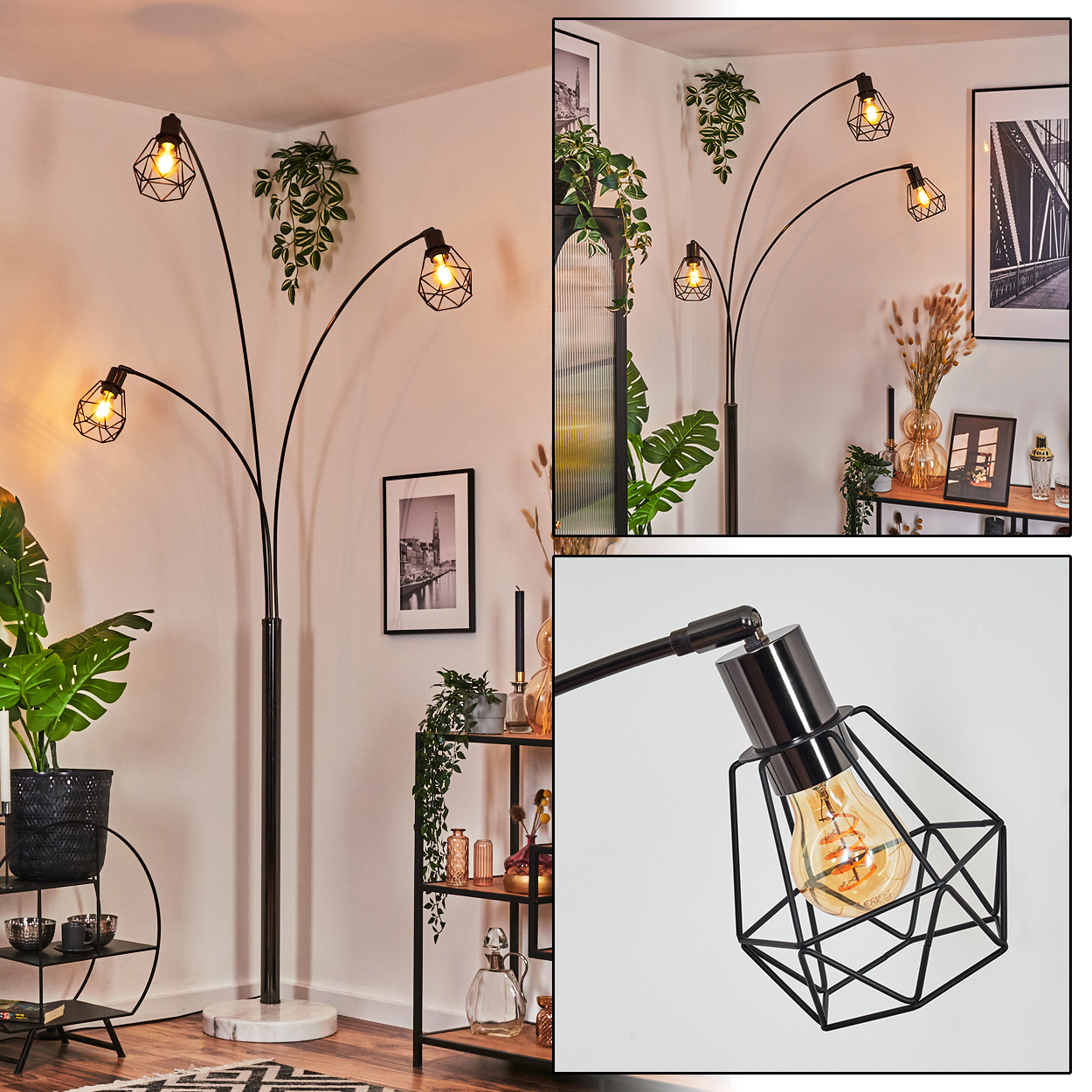 Eine moderne Stehlampe mit drei Lichtern. Die Lampen haben schwarze geometrische Schirme. Der Raum hat Pflanzen und gerahmte Bilder.