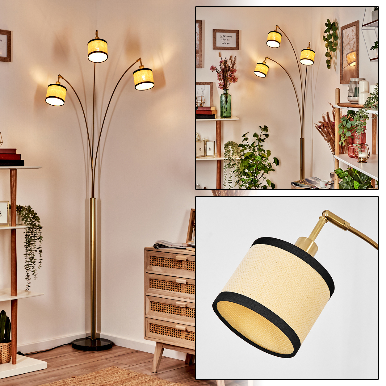 Eine Stehlampe mit fünf Lichtern. Die Lampenschirme sind gelb mit schwarzem Rand. Im Hintergrund befinden sich Regale, Pflanzen und ein Holzschrank.