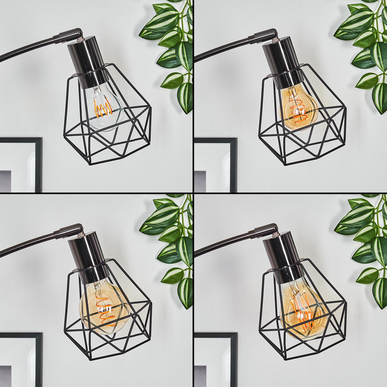 Eine moderne Lampe mit schwarzem Käfigschirm und einer leuchtenden Glühbirne. Grüne Pflanze rechts. Weiße Wand mit gerahmter Kunst unten.