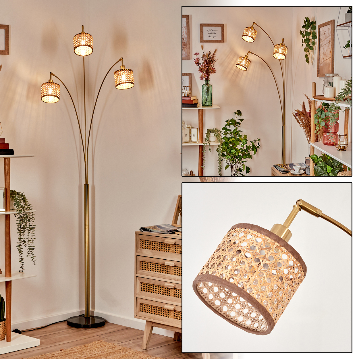 Eine Stehlampe mit fünf gewebten Schirmen. Die Lampe ist goldfarben. Der Raum hat Regale mit Pflanzen und eine Holzkommode.