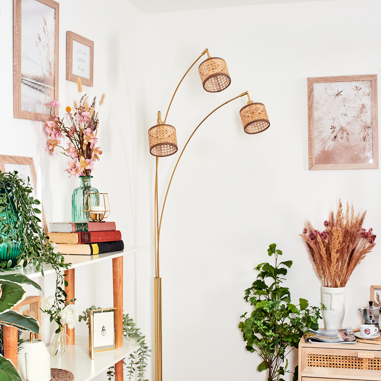 Ein Raum mit goldener Stehlampe, Büchern auf einem Regal und gerahmter Kunst. Pflanzen und Blumen sind im ganzen Raum arrangiert.