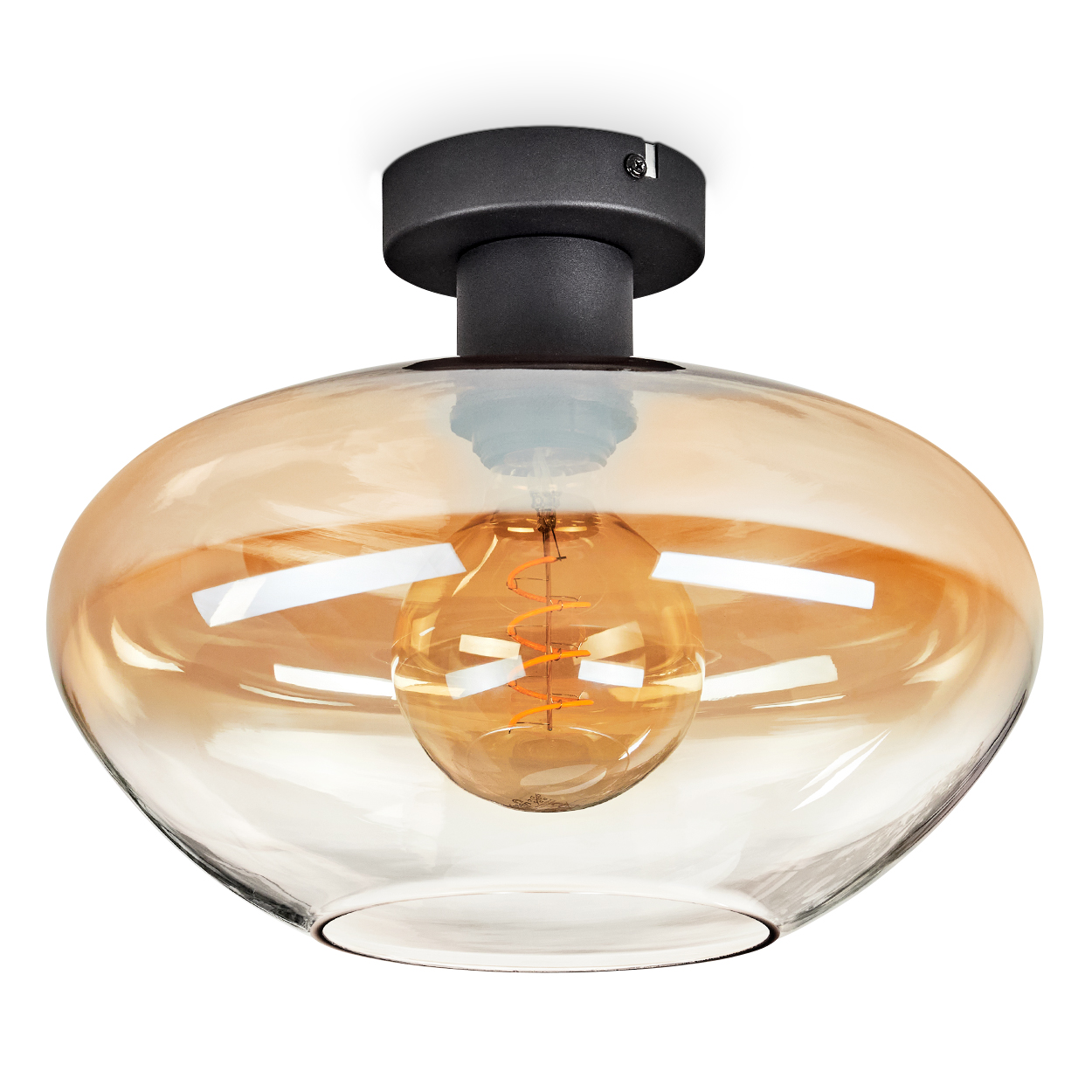 Eine moderne Deckenlampe mit schwarzem Sockel und rundem, bernsteinfarbenem Glasschirm, der eine sichtbare, leuchtende Glühbirne enthält.